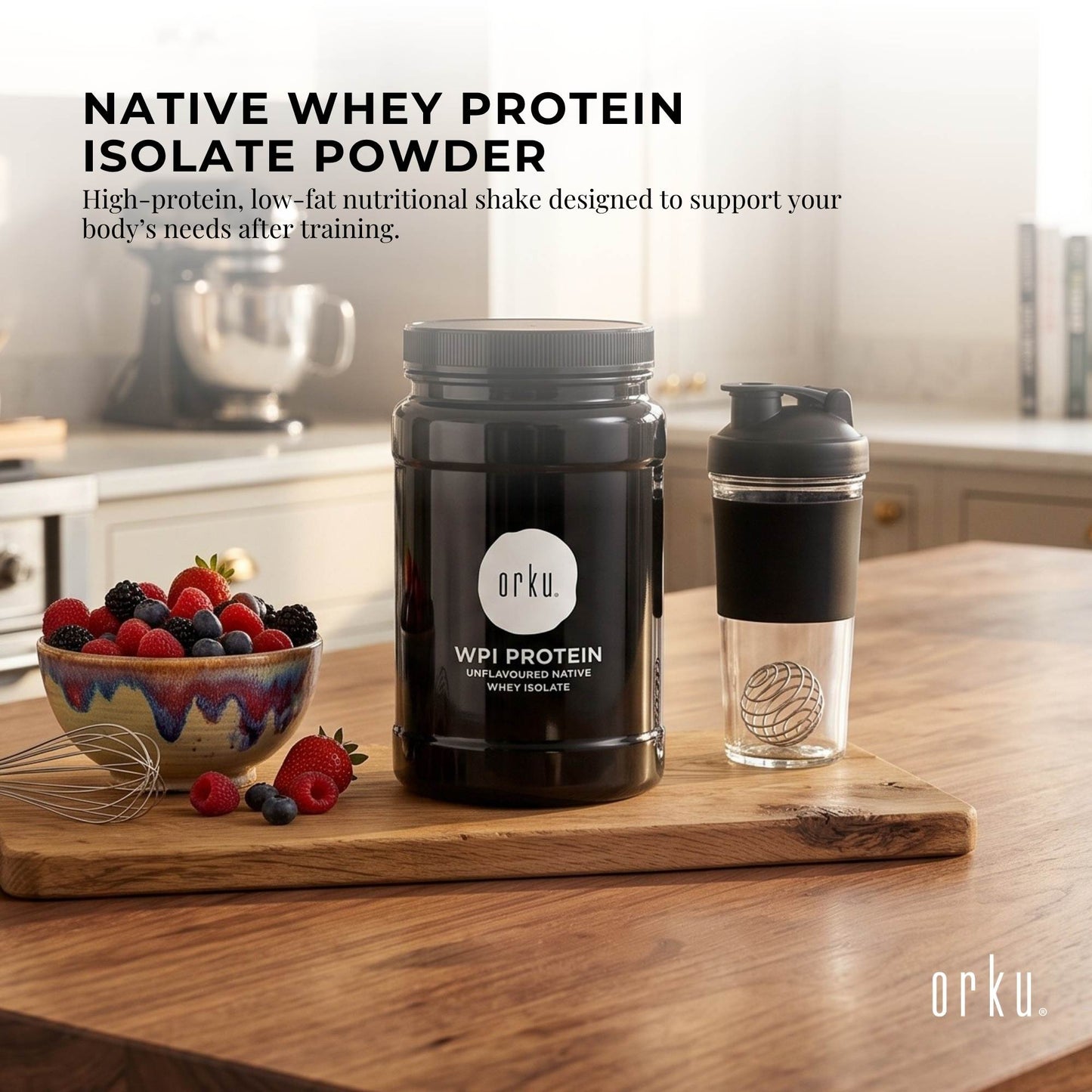 Orku 1Kg Whey Protein Isolate Powder WPI 90% Unflavoured Native Jar