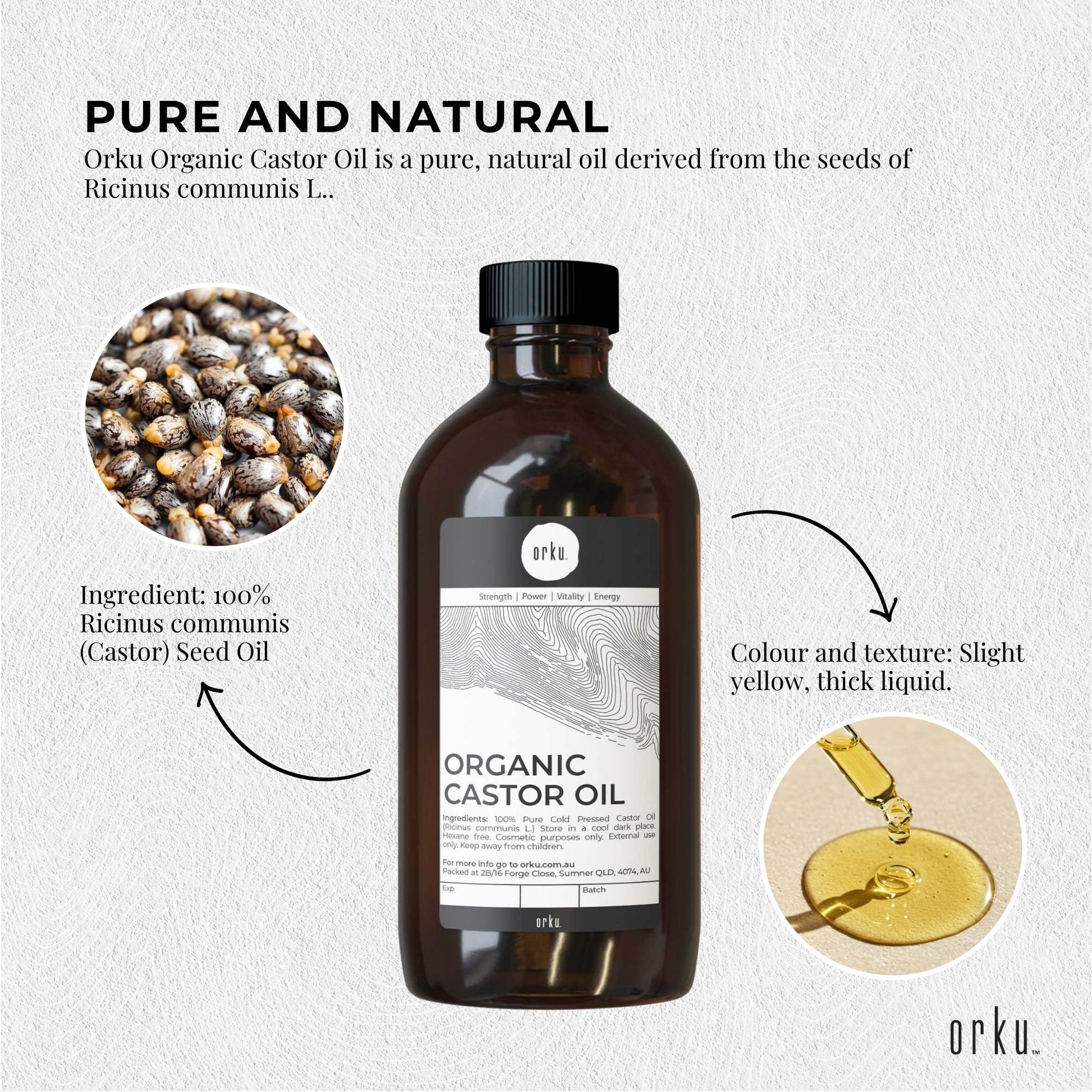 Orku 1L Organic Castor Oil - Hexane Free Cold Pressed