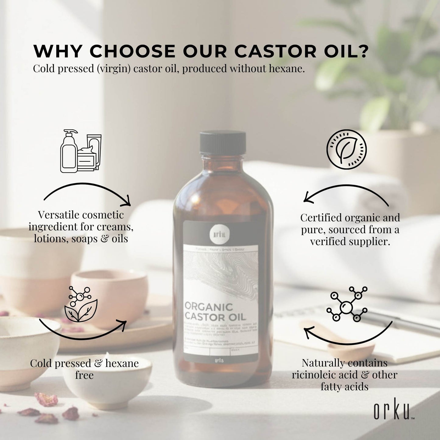 Orku 500ml Organic Castor Oil - Hexane Free Cold Pressed