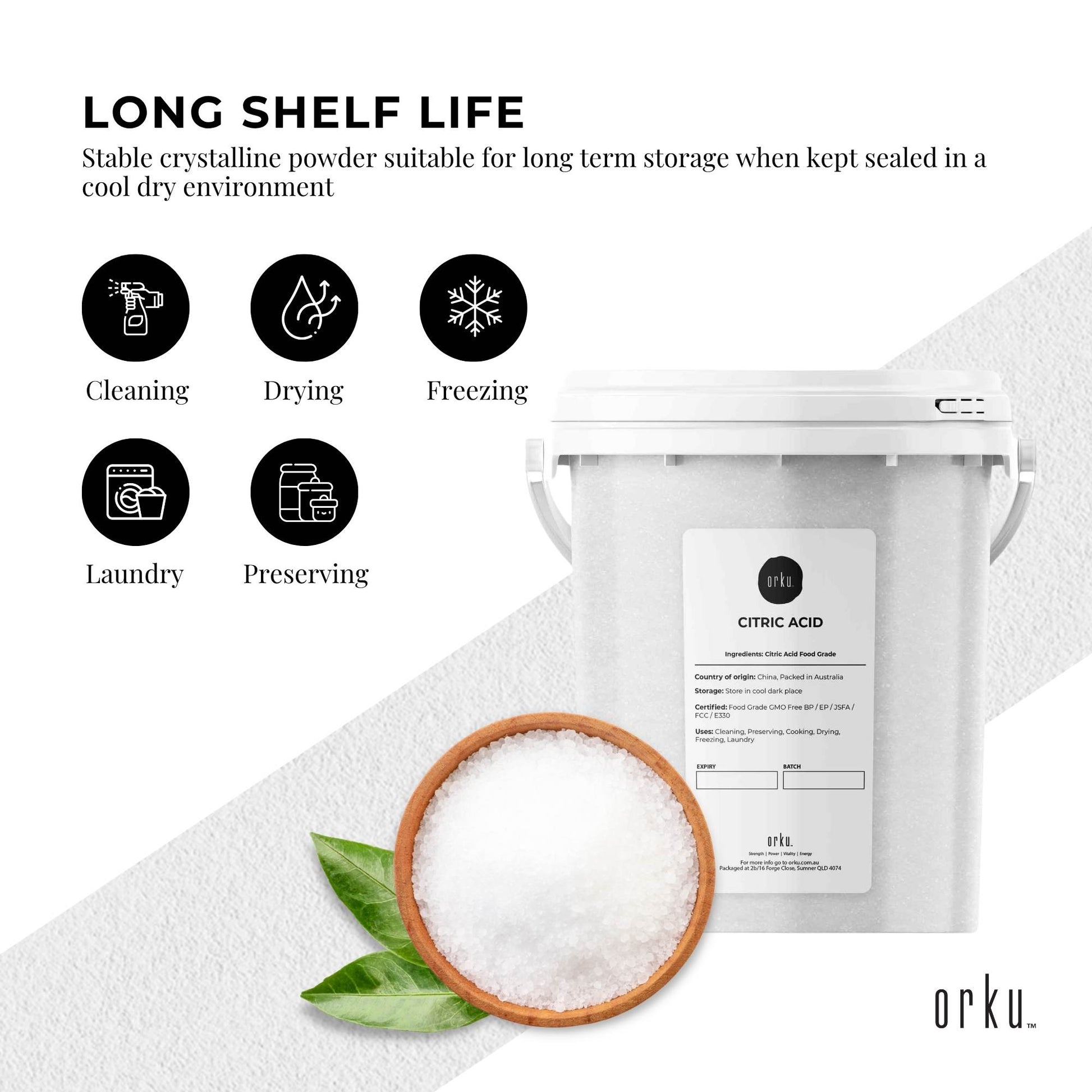 Orku 1.2Kg Citric Acid Powder Tub - Food Grade Non GMO Anhydrous Preservative E330