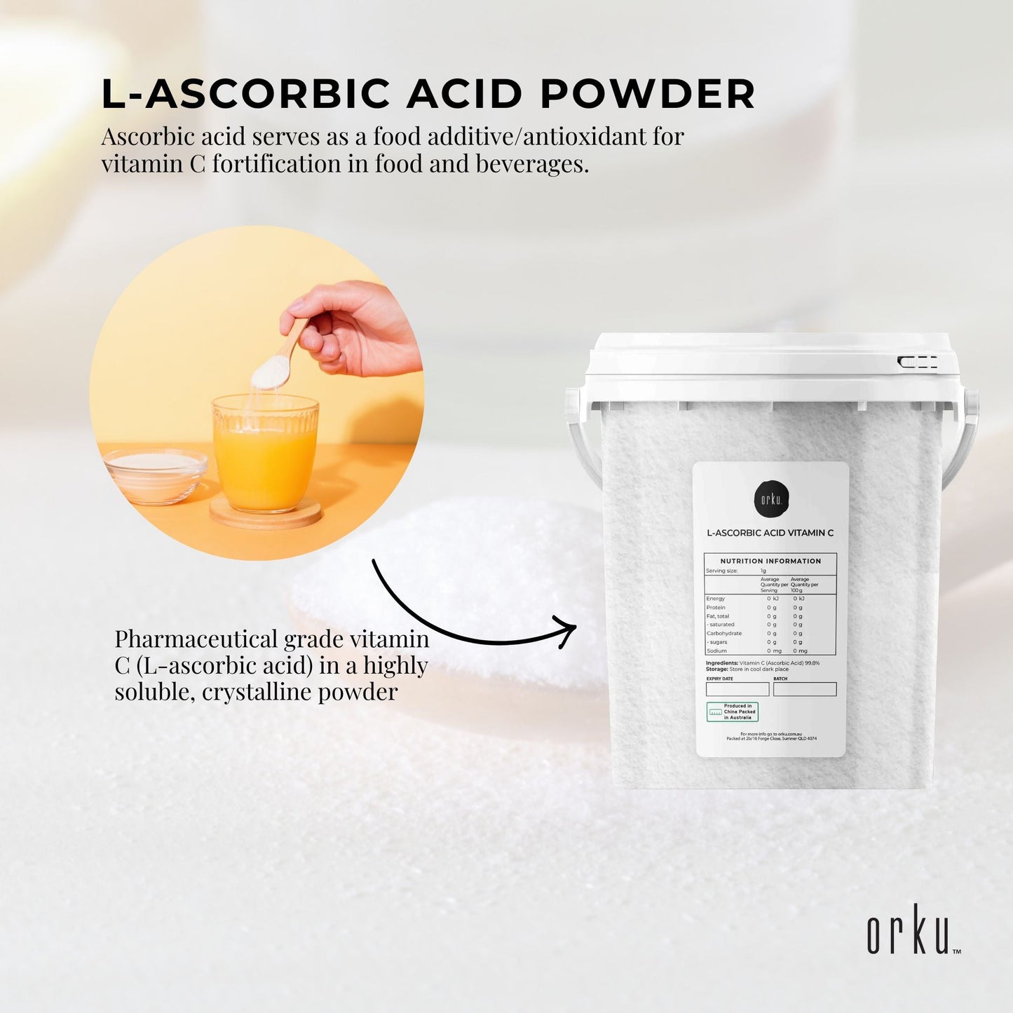 Orku 1.3Kg Vitamin C Powder in Tub Pure L-Ascorbic Acid - USP Grade Non-GMO