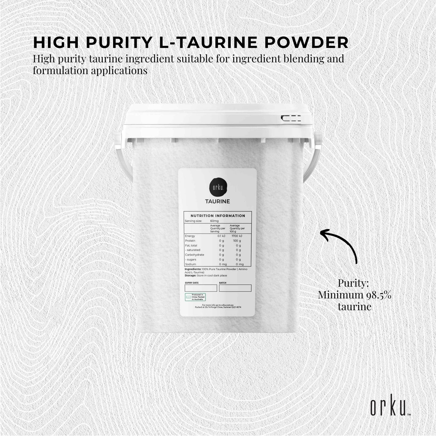 Orku 1.3kg Taurine Powder Tub - High Purity L-Taurine Amino Acid Ingredient