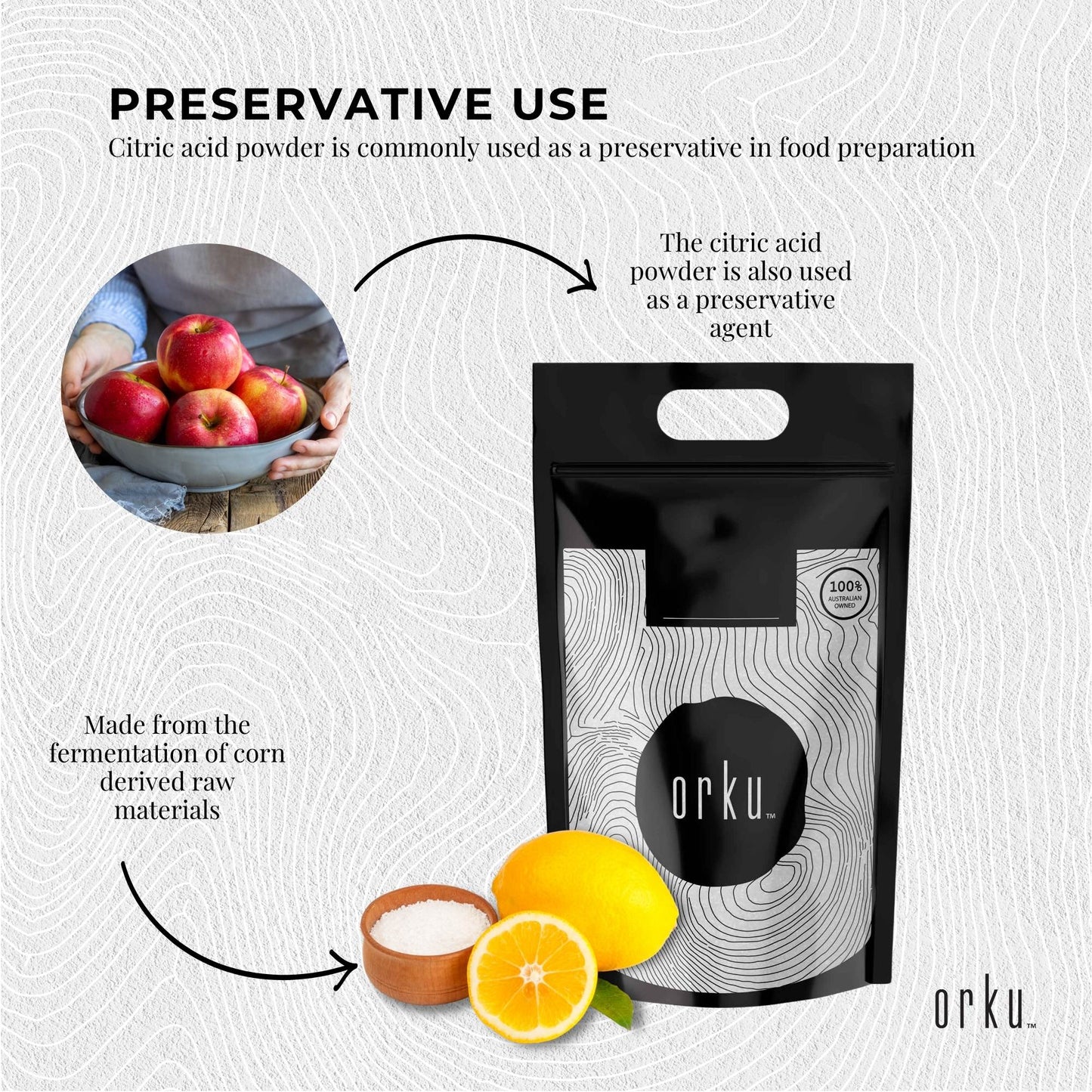 Orku 10Kg Citric Acid Powder - Food Grade Non GMO Anhydrous Preservative E330