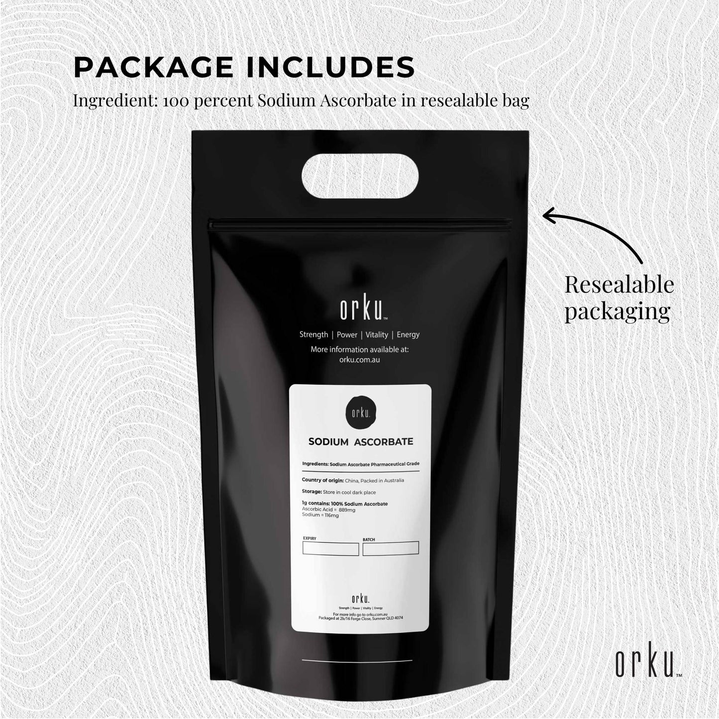 Orku 2Kg Sodium Ascorbate - High Purity Soluble Crystalline Powder Ingredient