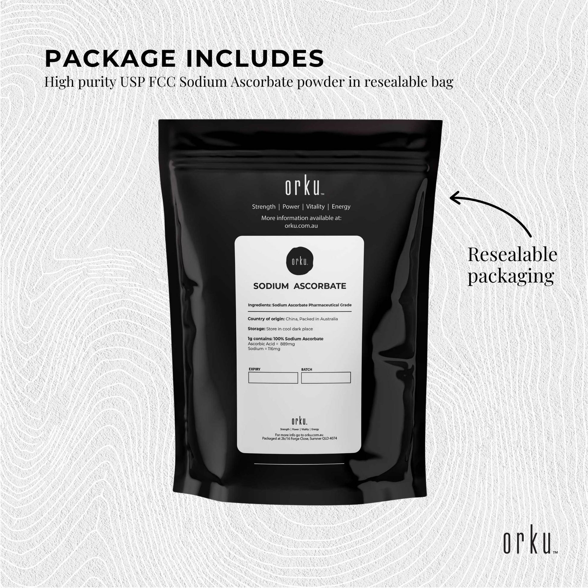 Orku 1Kg Sodium Ascorbate - High Purity Soluble Crystalline Powder Ingredient