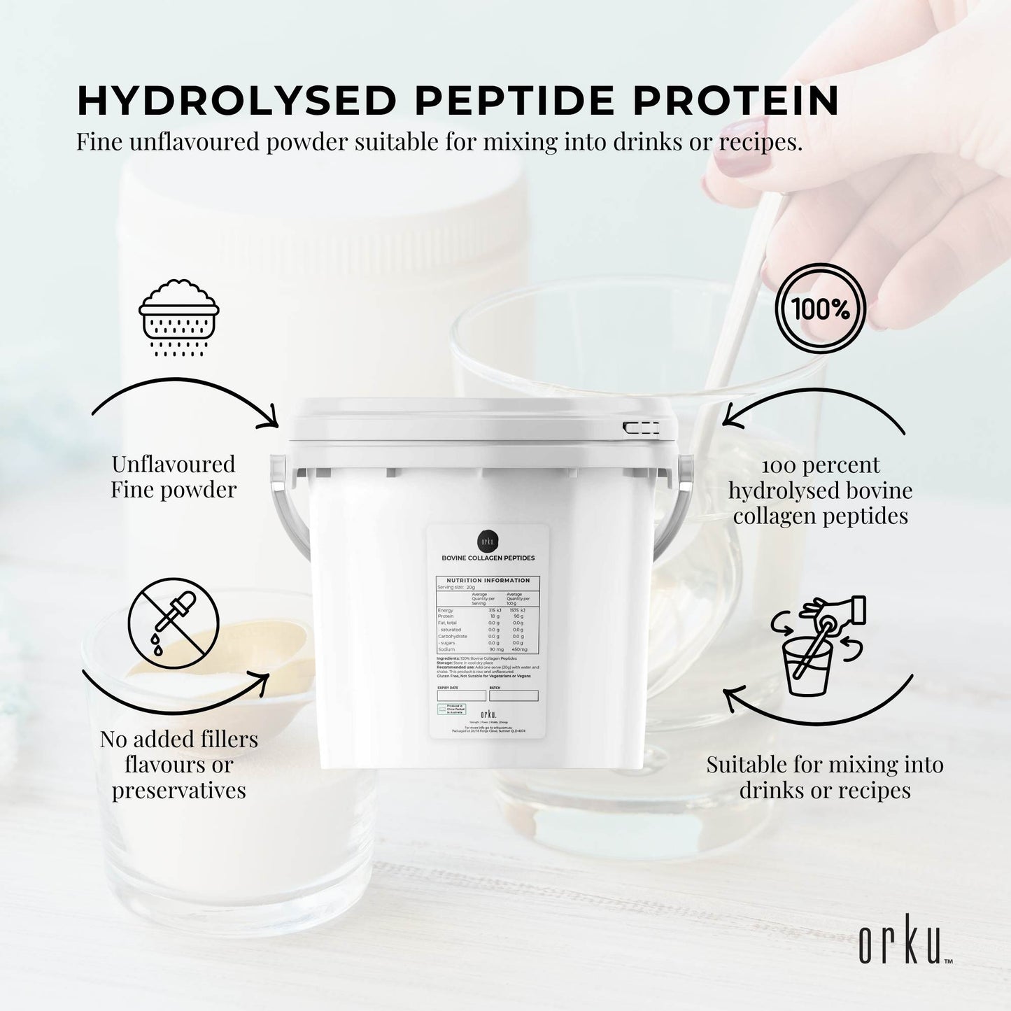 Orku Bovine Collagen Peptides Powder Tub - Hydrolysed Protein Unflavoured