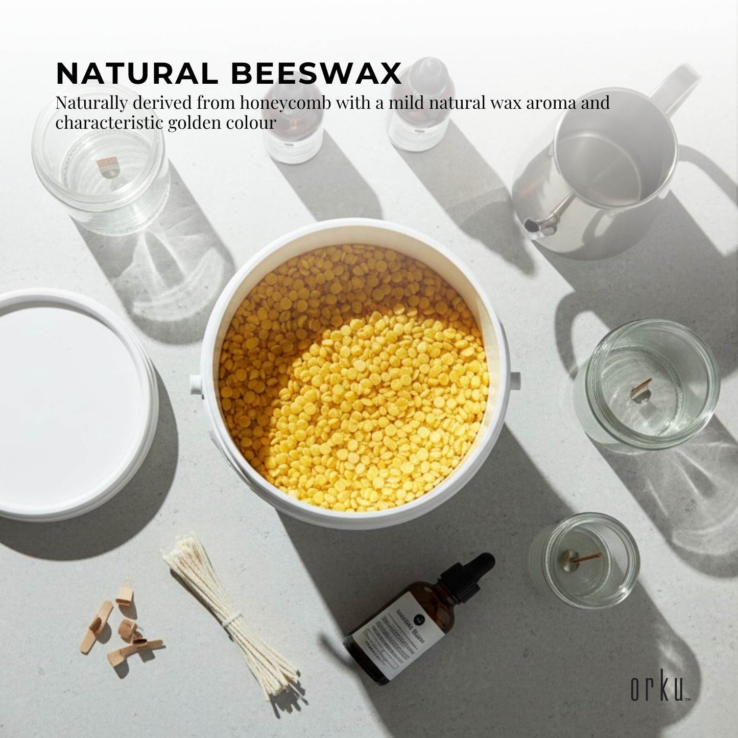 Orku 2.5Kg Organic Beeswax Pellets Yellow Tub - Cosmetic Grade Bees Wax Pastille
