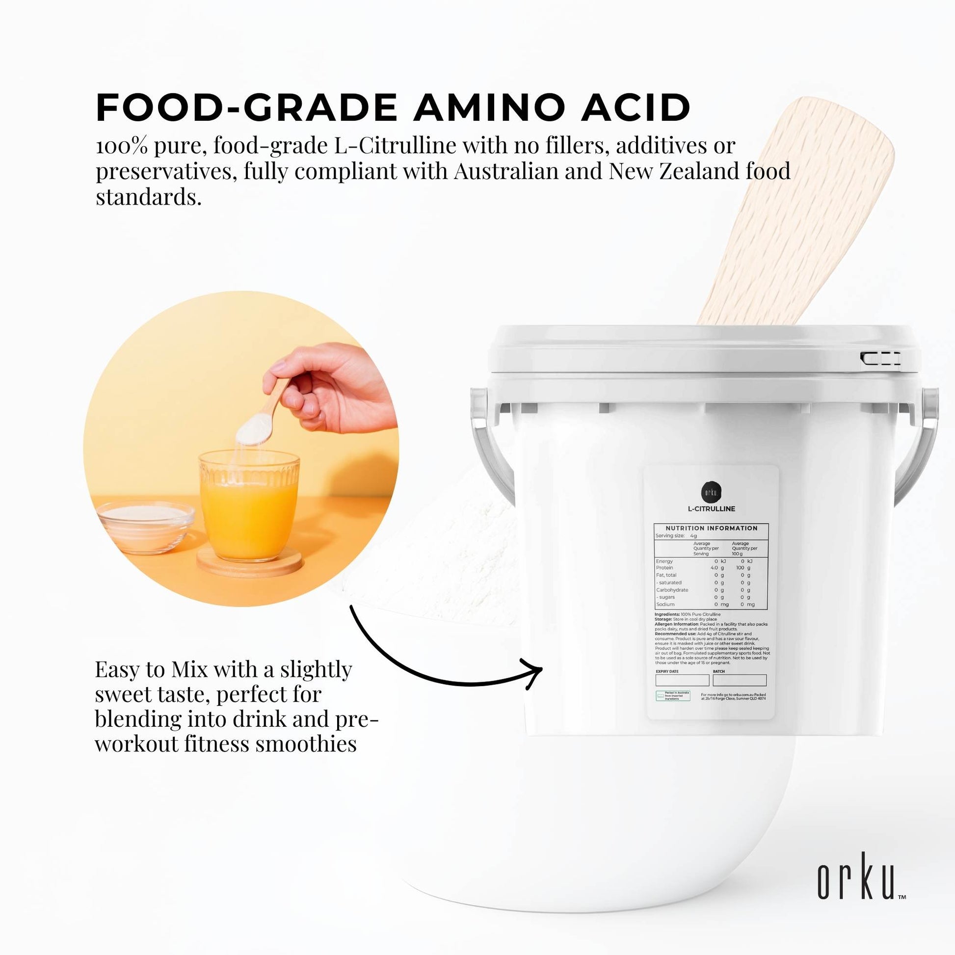 Orku 3Kg L-Citrulline Powder Buckets - 100 % Pure Food Grade Amino Acid