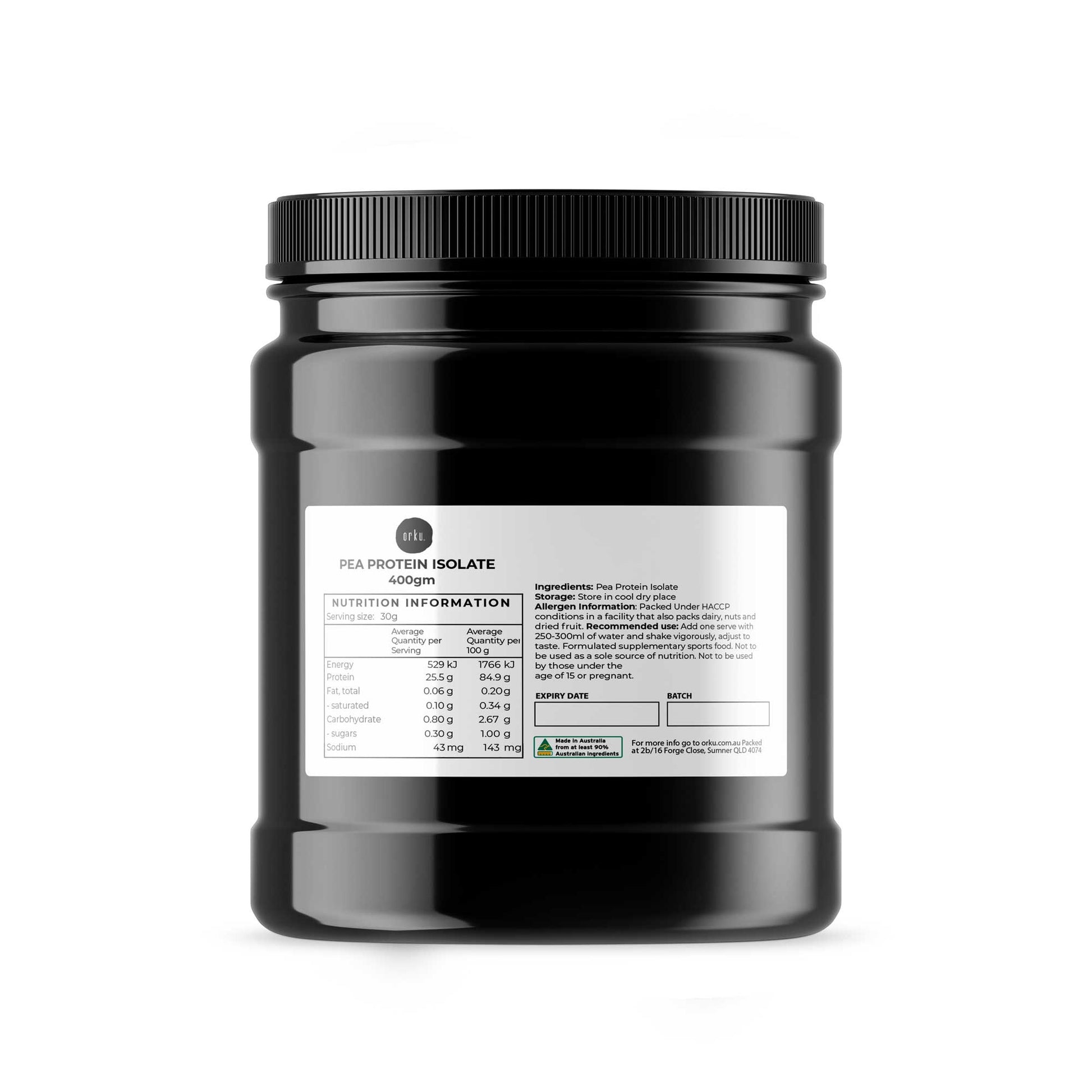 Orku 400g Pea Protein Isolate Powder - High Protein Unsweetened Jar