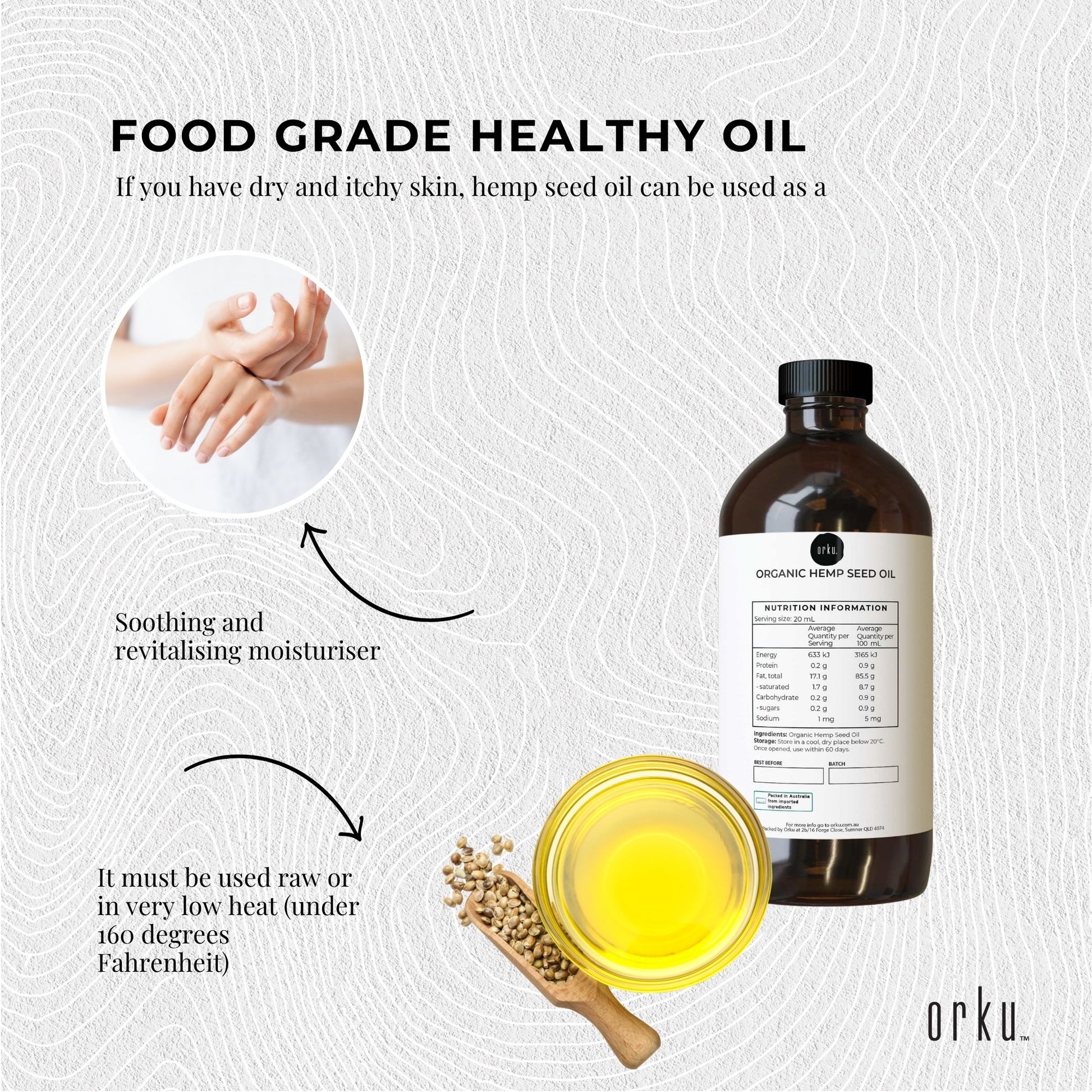 Orku 500ml Organic Hemp Seed Oil - Cold Pressed Food Grade Oils