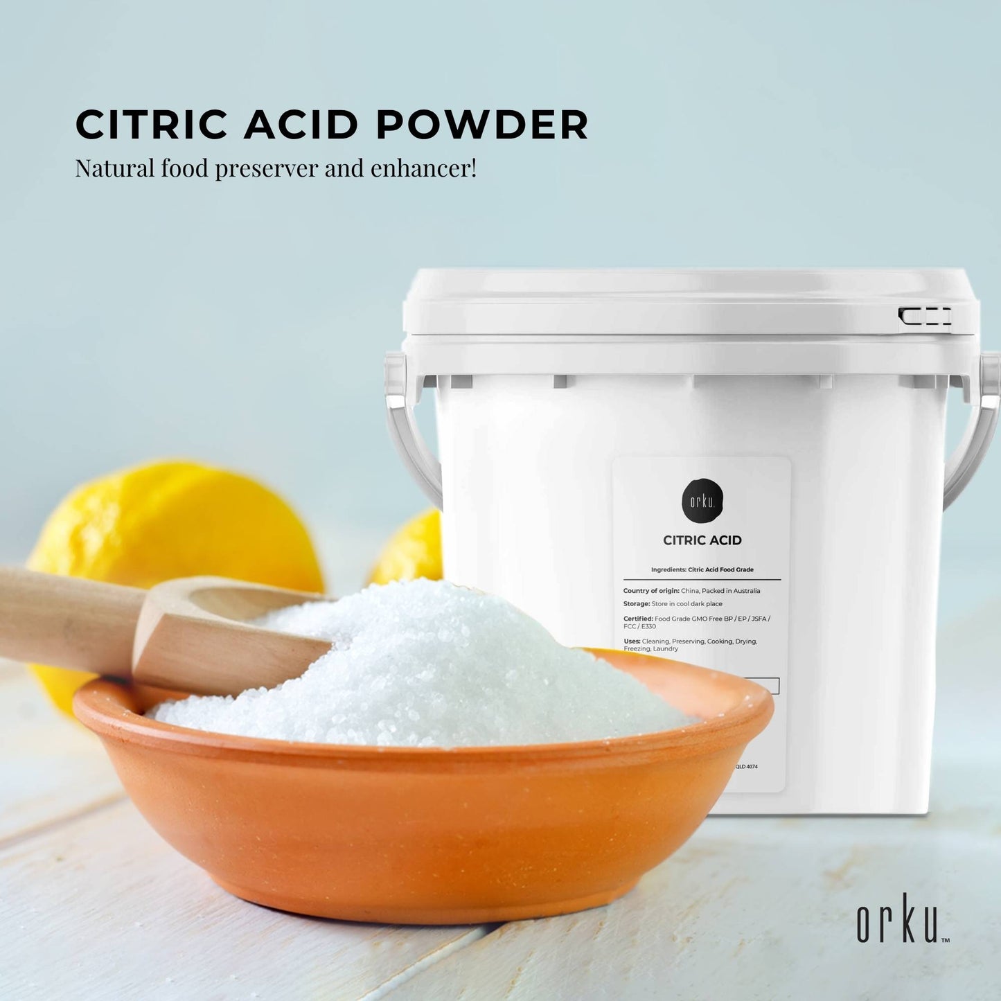 Orku 5Kg Citric Acid Powder Tub - Food Grade Non GMO Anhydrous Preservative E330