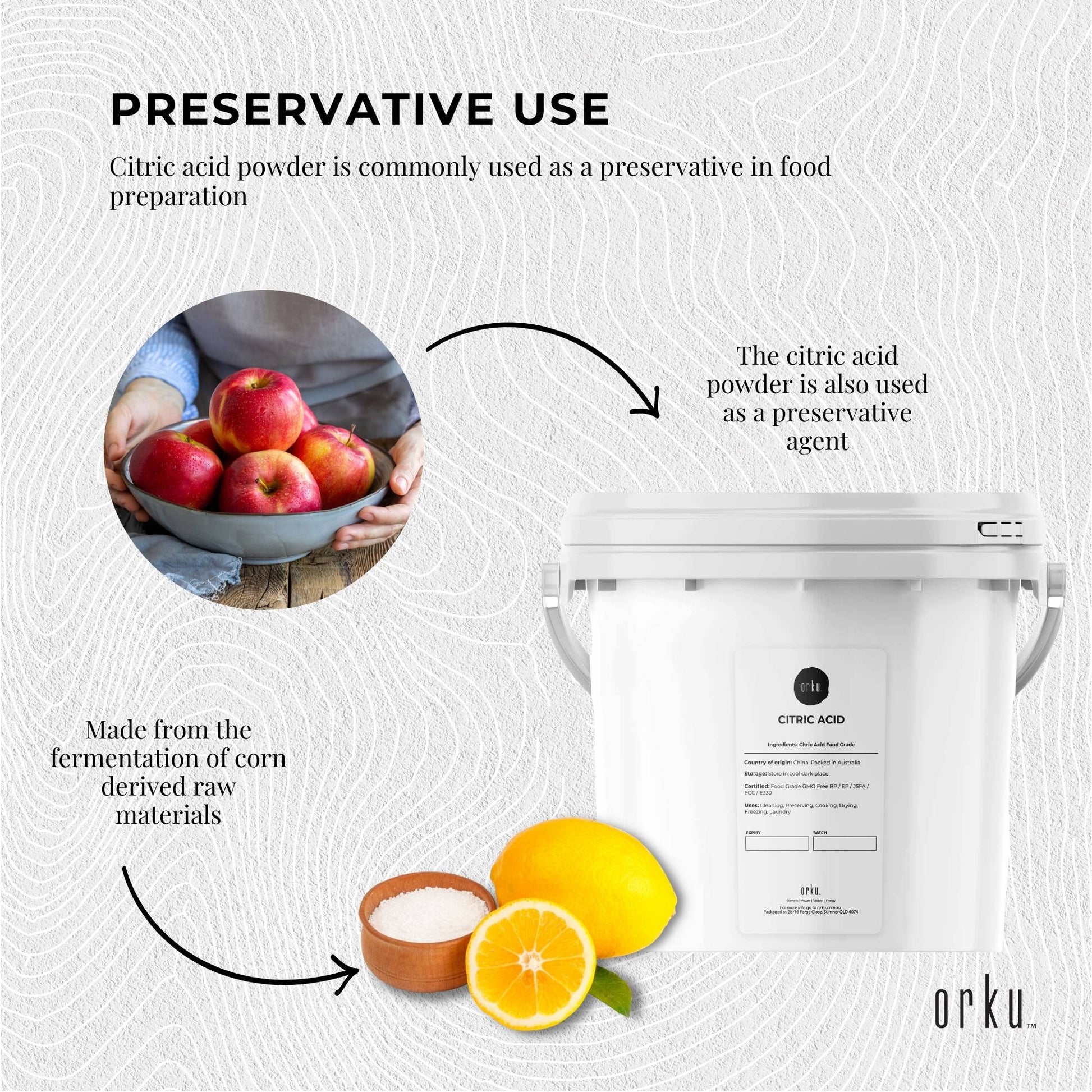 Orku 5Kg Citric Acid Powder Tub - Food Grade Non GMO Anhydrous Preservative E330