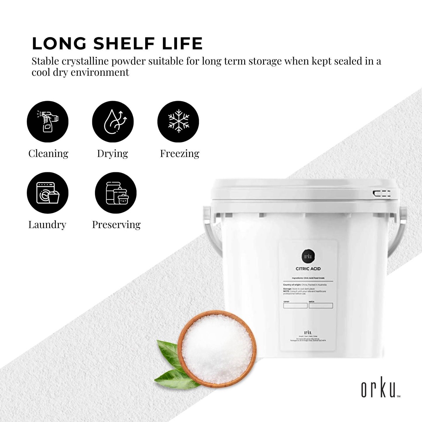 Orku 5Kg Citric Acid Powder Tub - Food Grade Non GMO Anhydrous Preservative E330