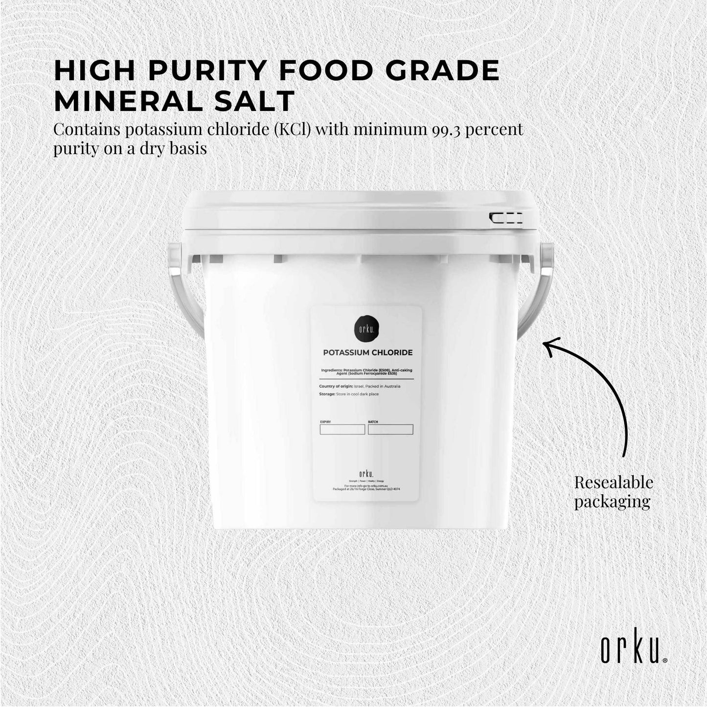 Orku 5Kg Potassium Chloride Powder Tub - Food Grade E508 Salt Substitute
