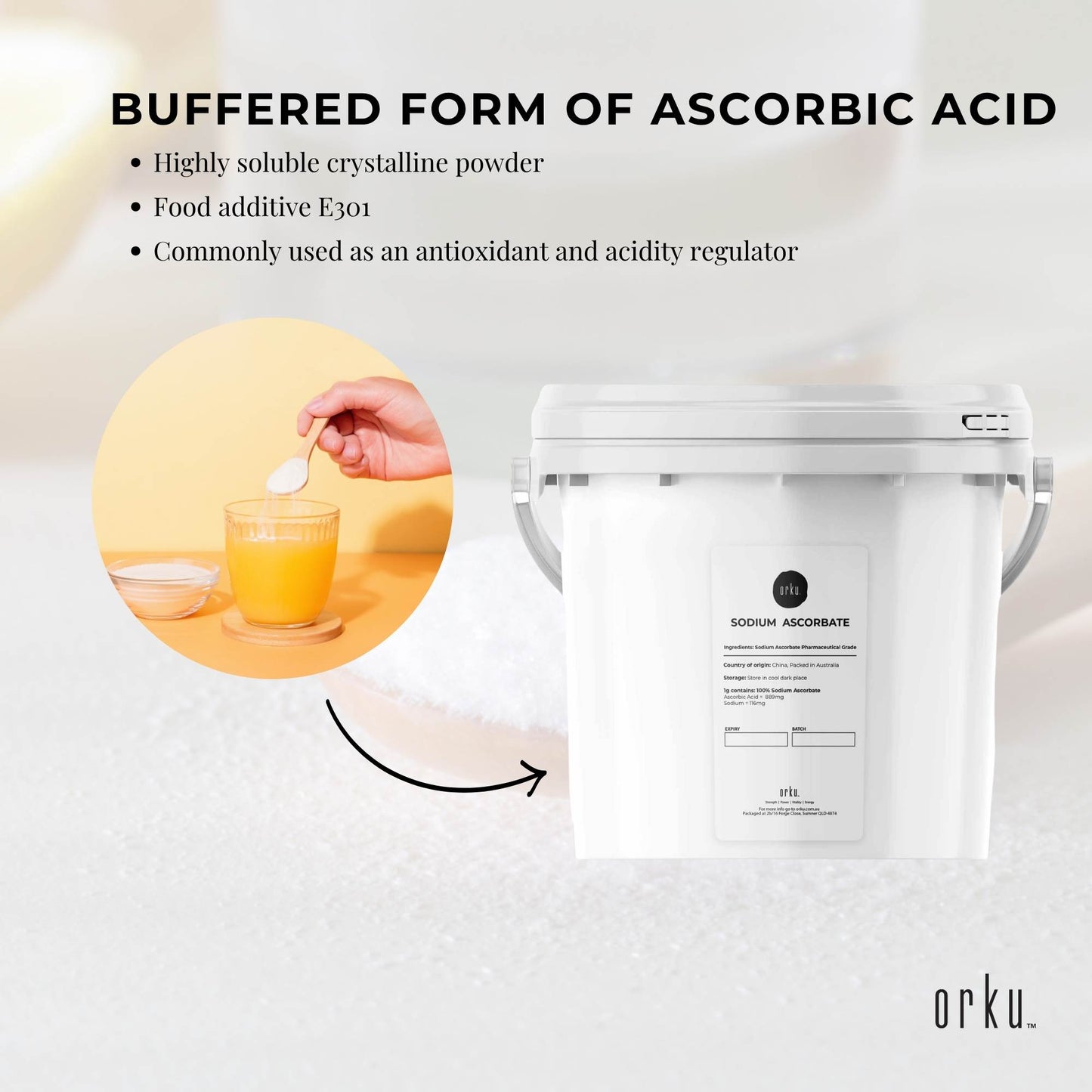 Orku 5Kg Sodium Ascorbate Tub - High Purity Soluble Crystalline Powder