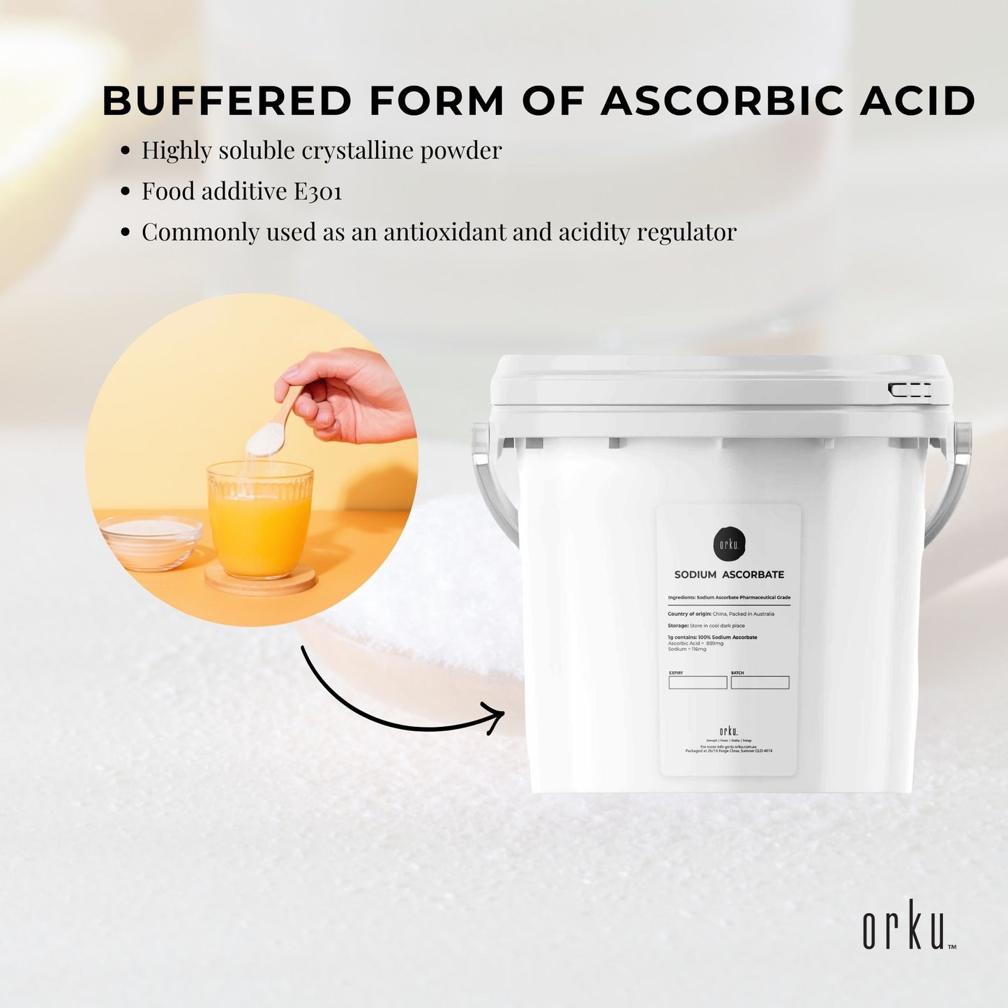 Orku 5Kg Sodium Ascorbate Tub - High Purity Soluble Crystalline Powder