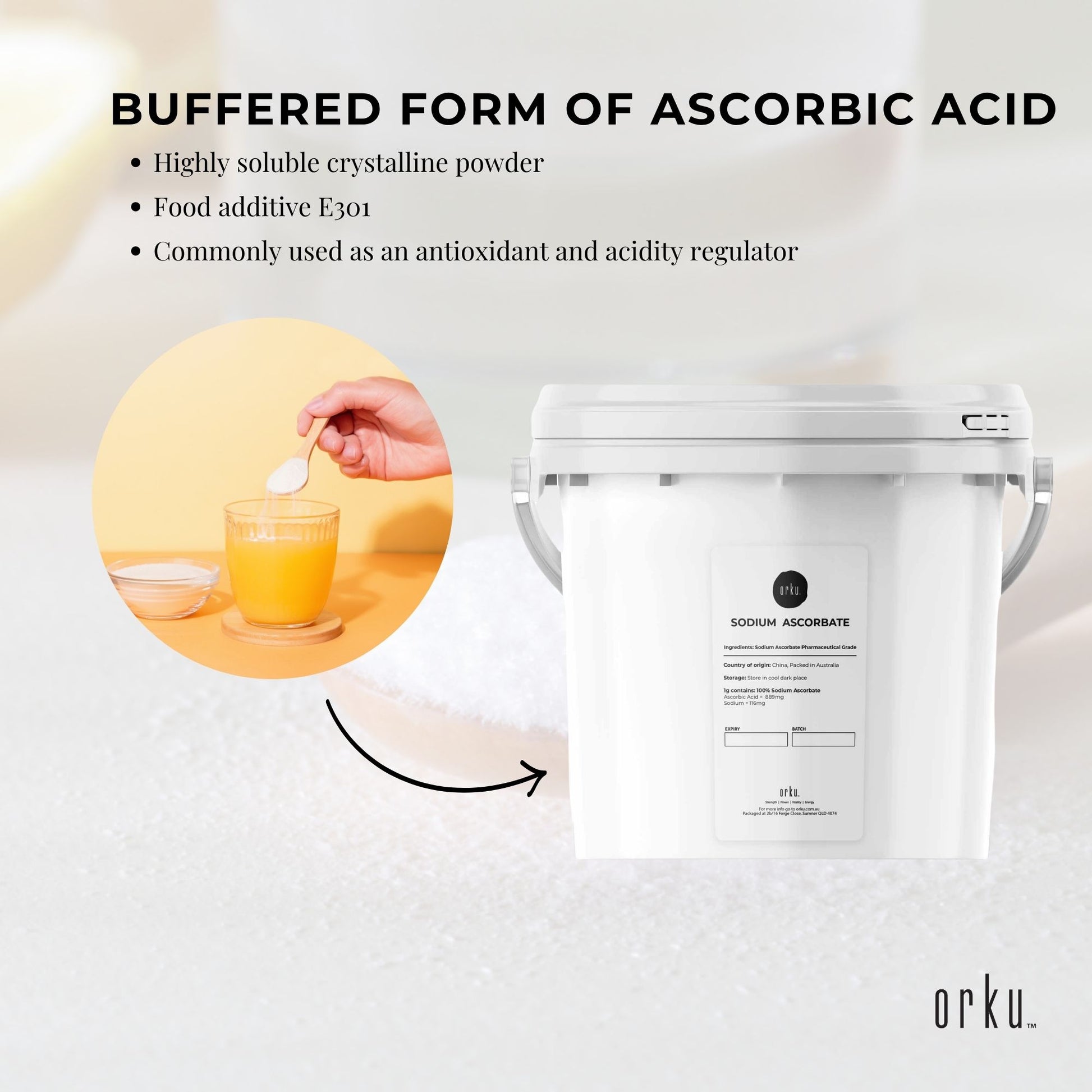 Orku 5Kg Sodium Ascorbate Tub - High Purity Soluble Crystalline Powder