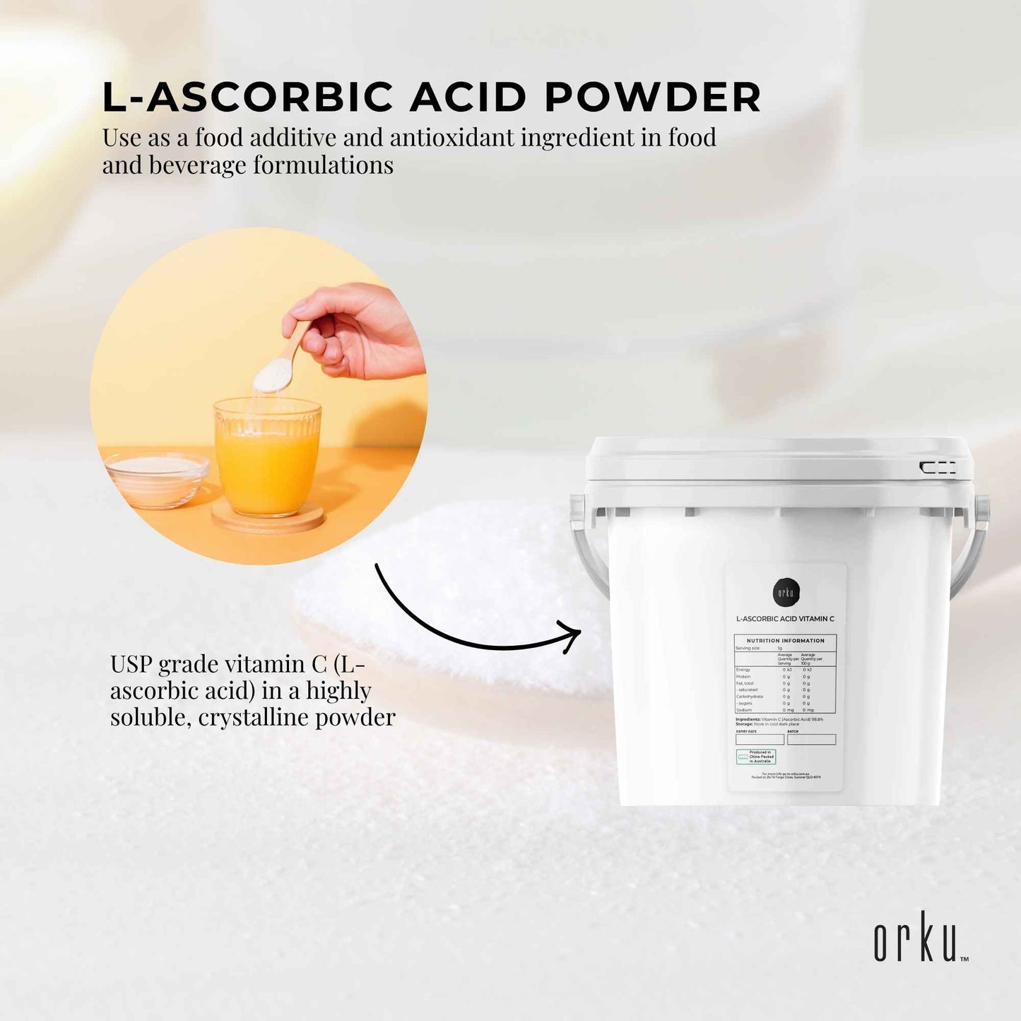 Orku 5Kg Vitamin C Powder in Tub Pure L-Ascorbic Acid - USP Grade Non-GMO