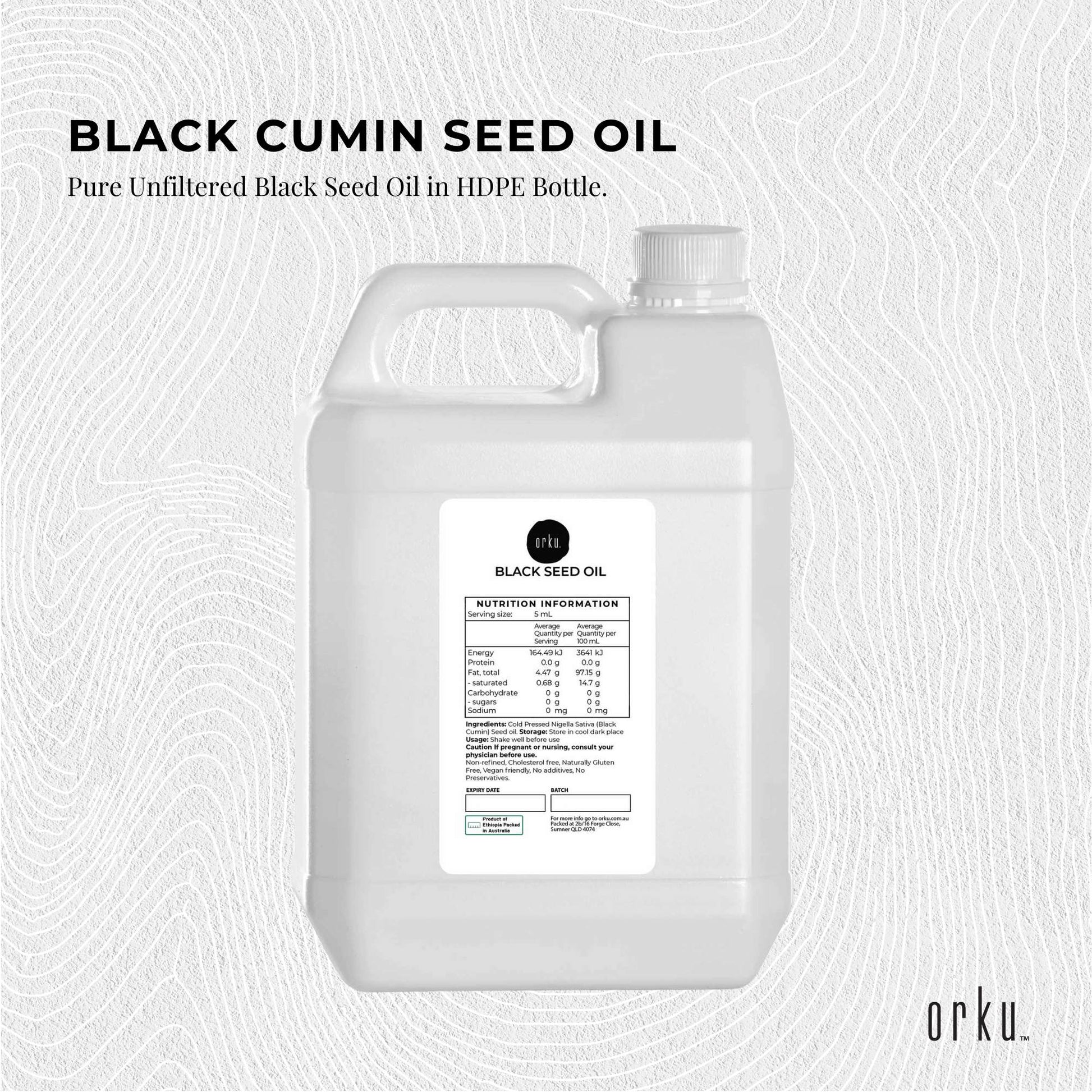 Orku 5L Pure Black Seed Oil Cold Pressed 100% Ethiopian Nigella Sativa Cumin