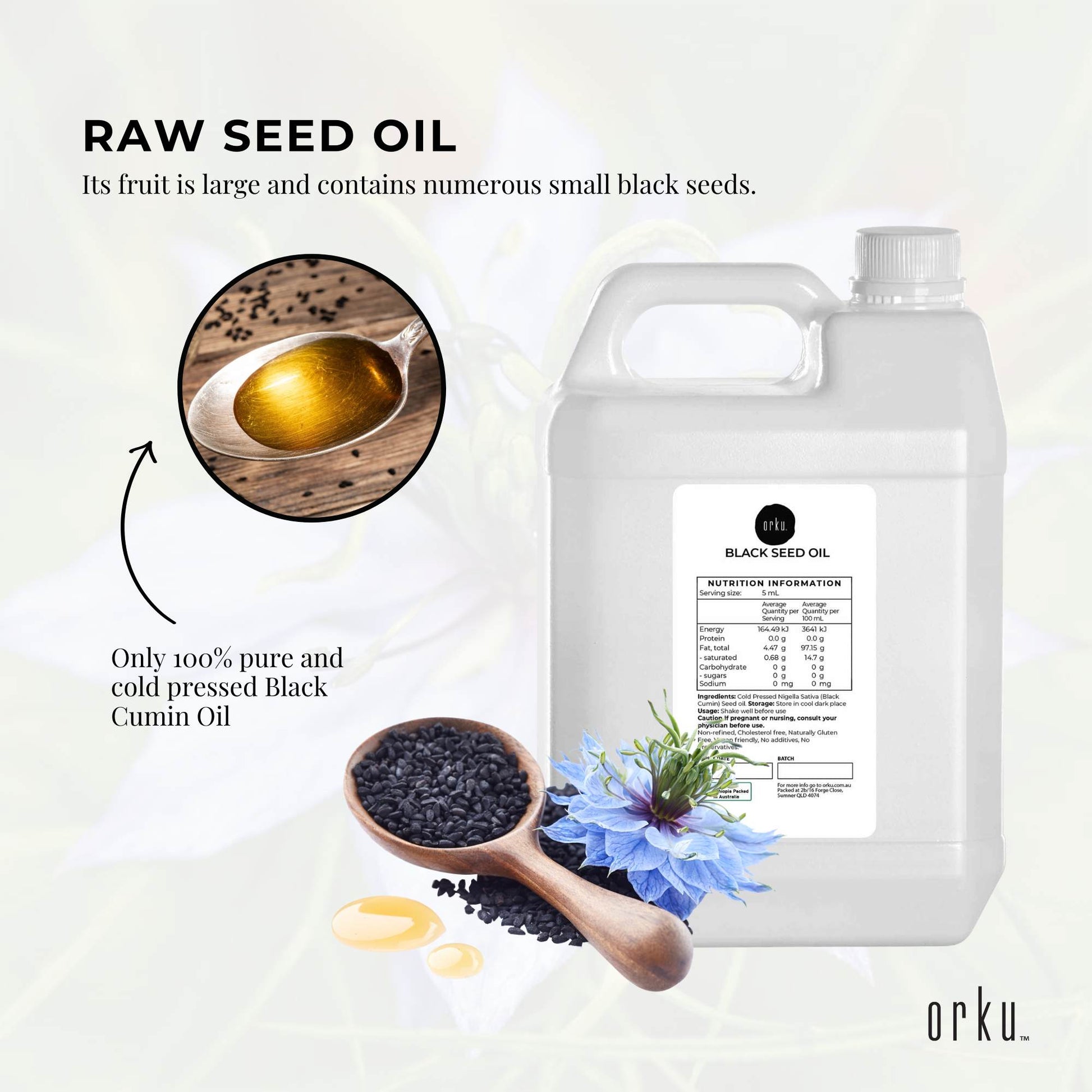 Orku 5L Pure Black Seed Oil Cold Pressed 100% Ethiopian Nigella Sativa Cumin