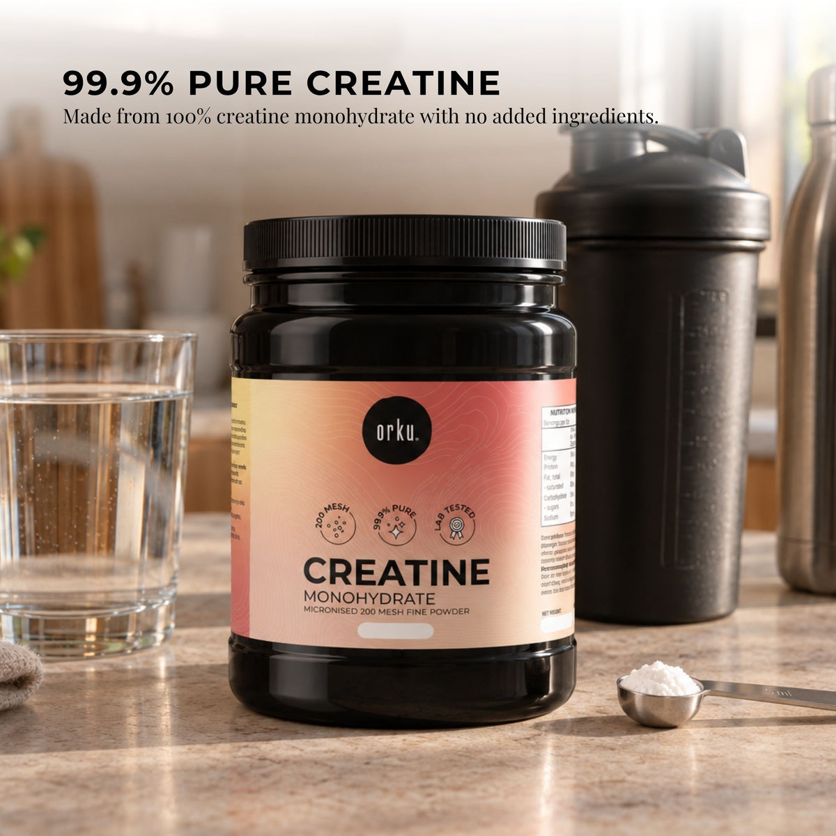 Orku Creatine Monohydrate Powder 200 Mesh Micronised 99.9% Pure Jar