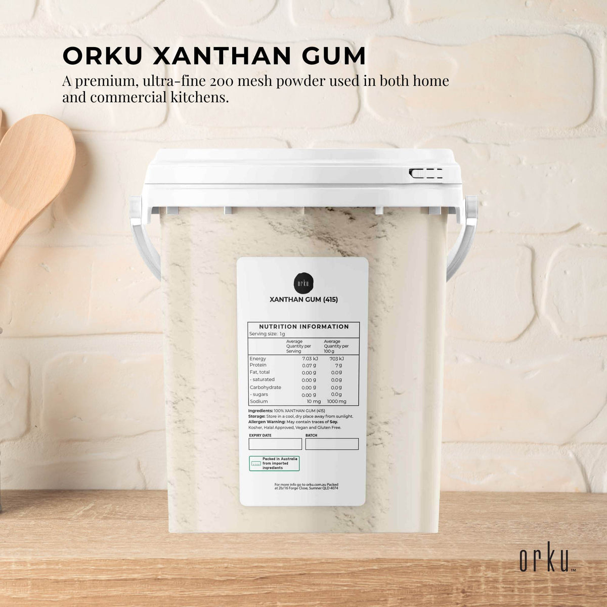 Orku Xanthan Gum Thickener Fine Powder 200 Mesh FCC E415 Food Grade Tub