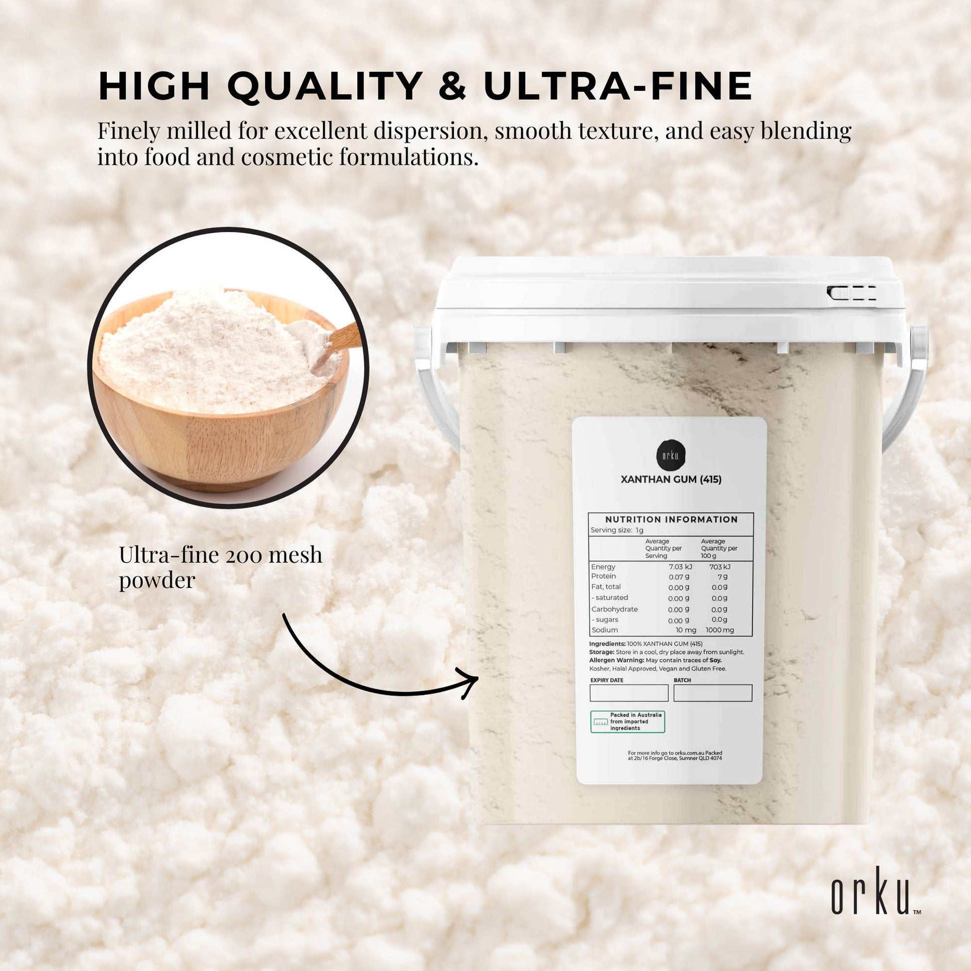 Orku Xanthan Gum Thickener Pure Fine Powder Tub 200 Mesh FCC E415 Food Additive