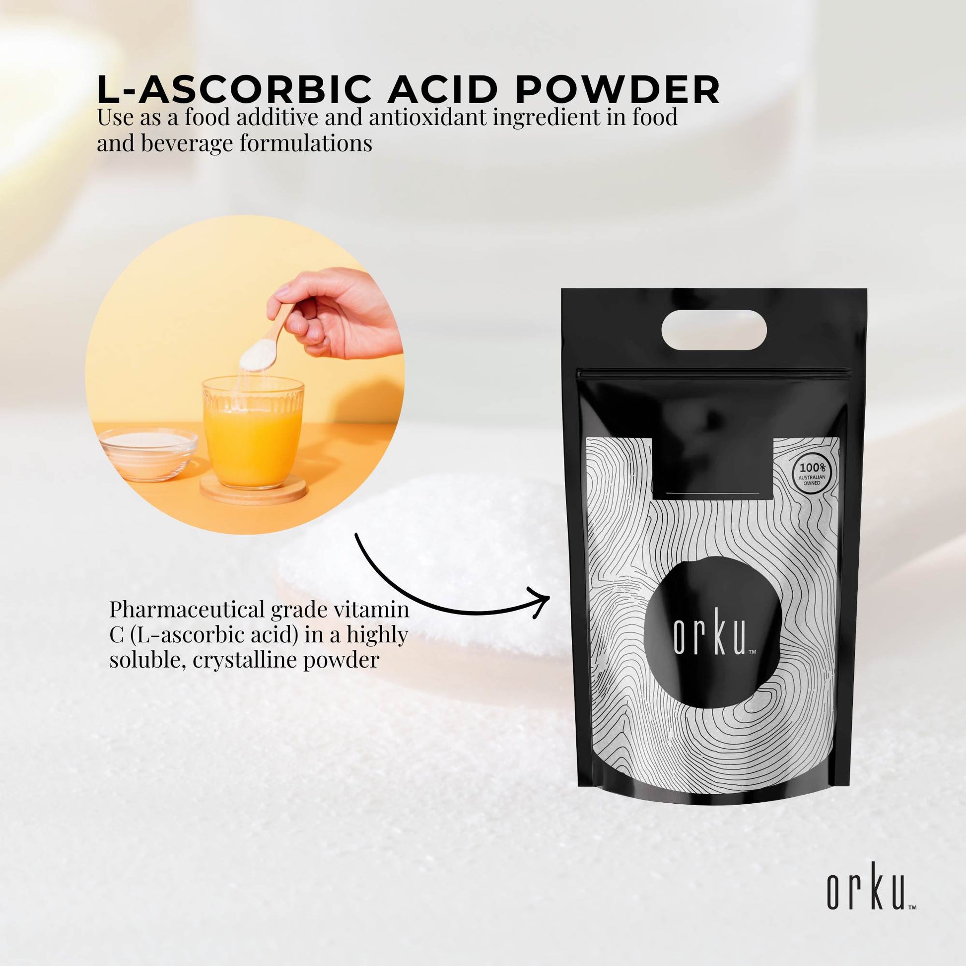 Orku Bulk 20Kg Vitamin C Powder Pure L-Ascorbic Acid - USP Grade Non-GMO
