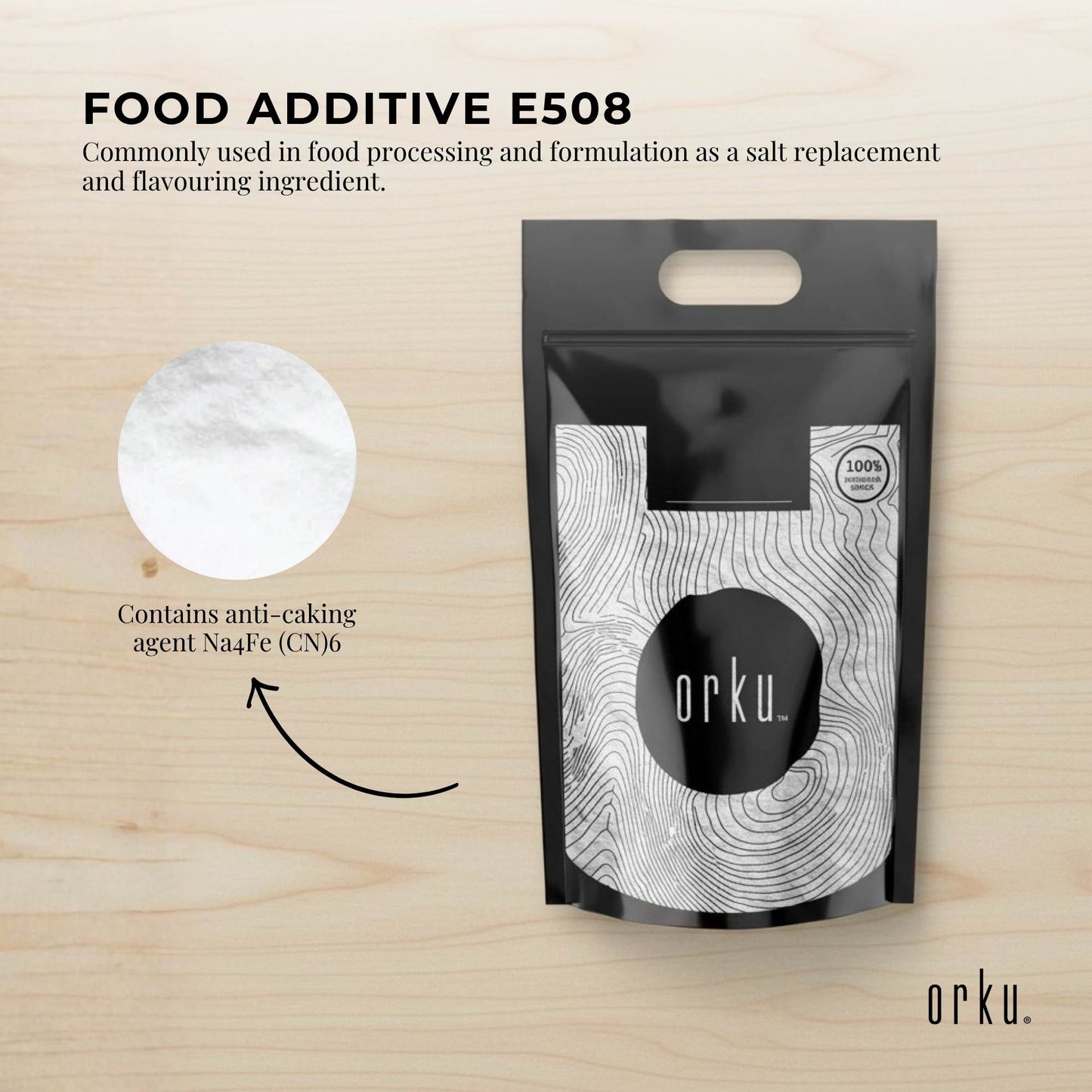 Orku Bulk Potassium Chloride Powder (KCl) - Food Grade E508 Salt Substitute