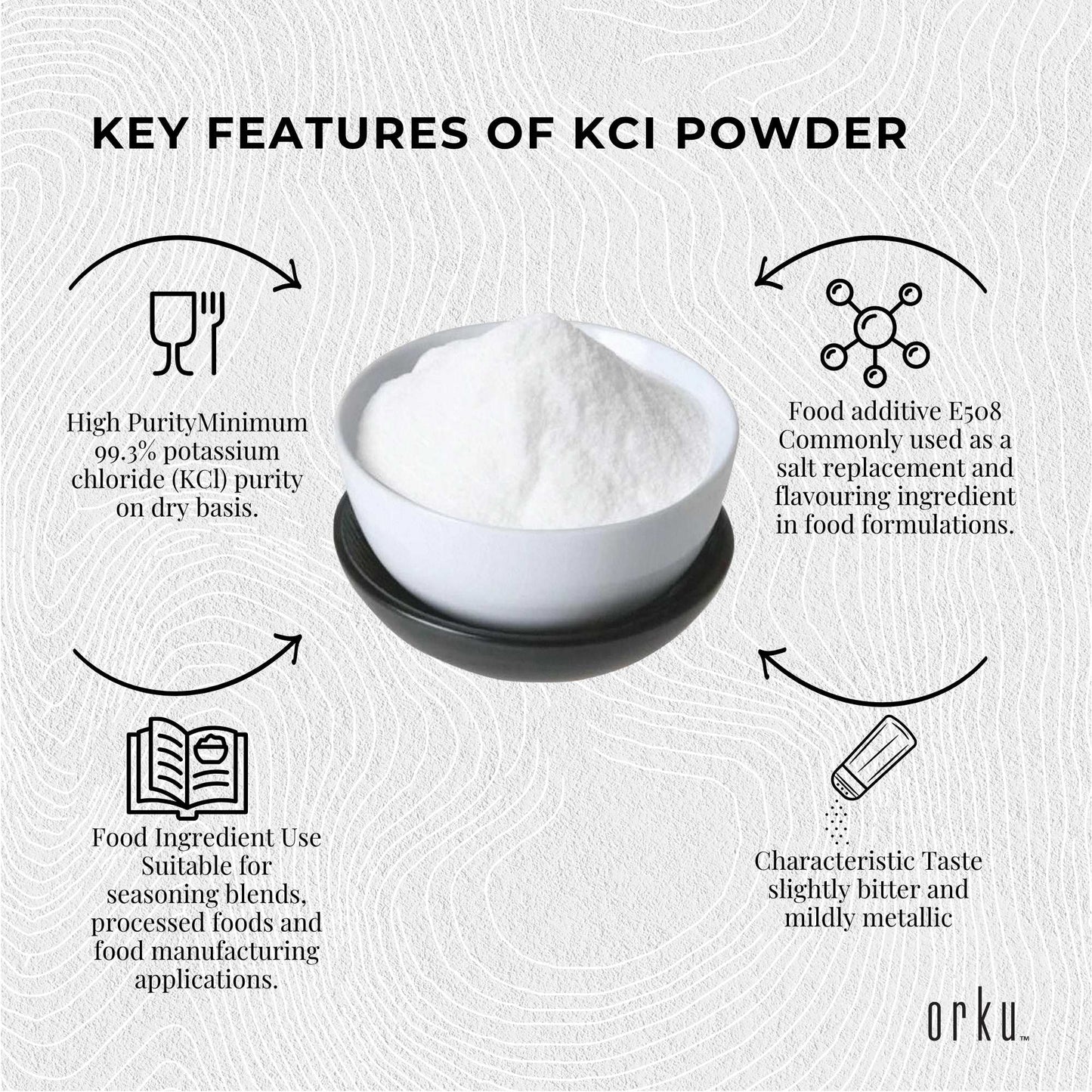 Orku Bulk Potassium Chloride Powder (KCl) - Food Grade E508 Salt Substitute