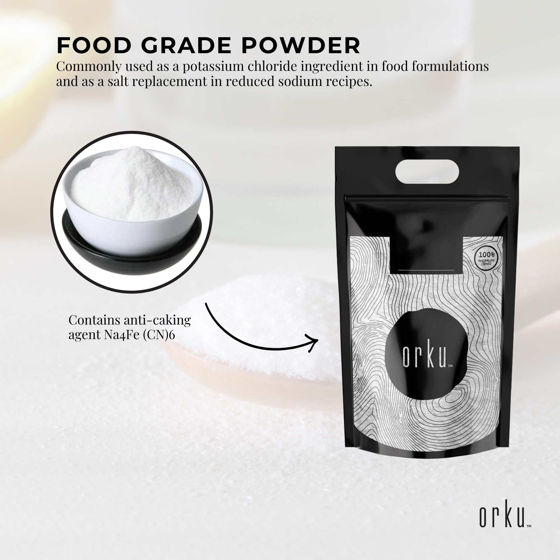 Orku Bulk Potassium Chloride Powder (KCl) - Food Grade E508 Salt Substitute