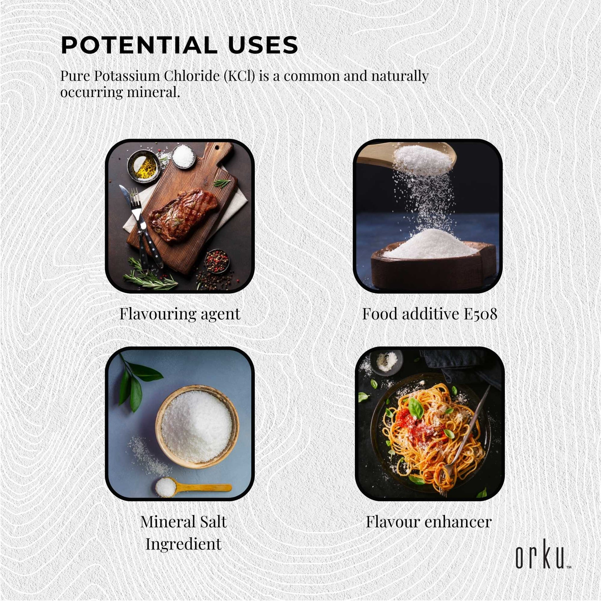 Orku Bulk Potassium Chloride Powder (KCl) Tub - Food Grade E508 Salt Substitute