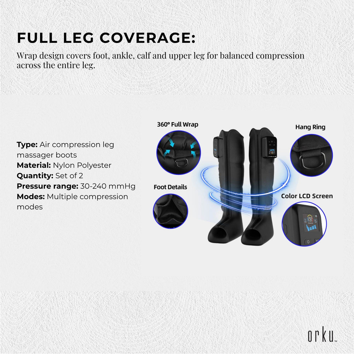 Orku Cordless Full Leg Air Compression Massager Boots - Rechargeable Large