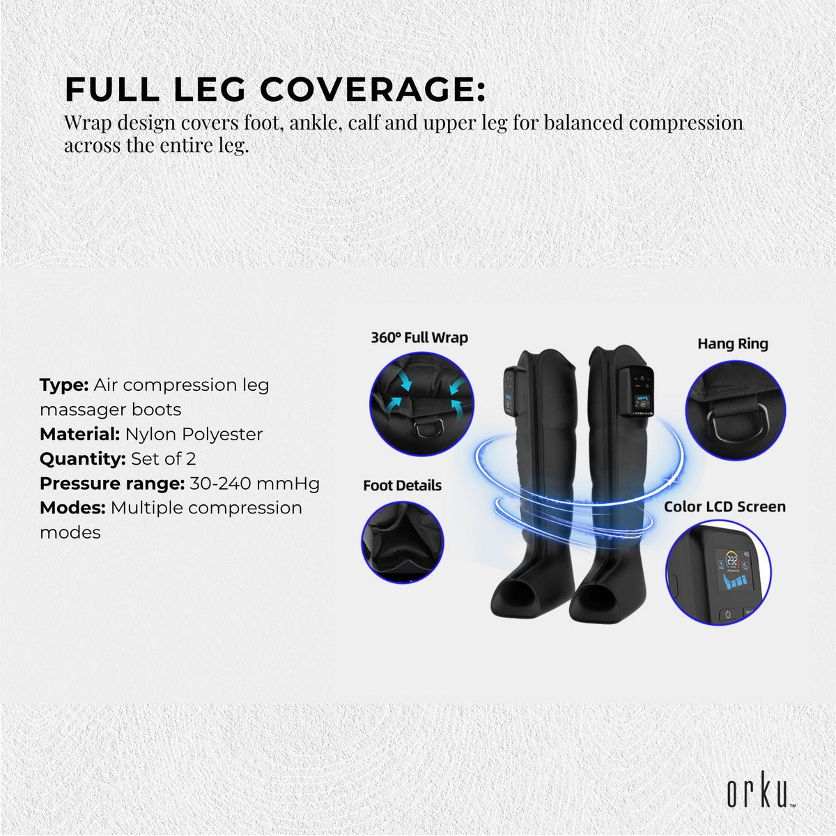 Orku Cordless Full Leg Air Compression Massager Boots - Rechargeable Medium