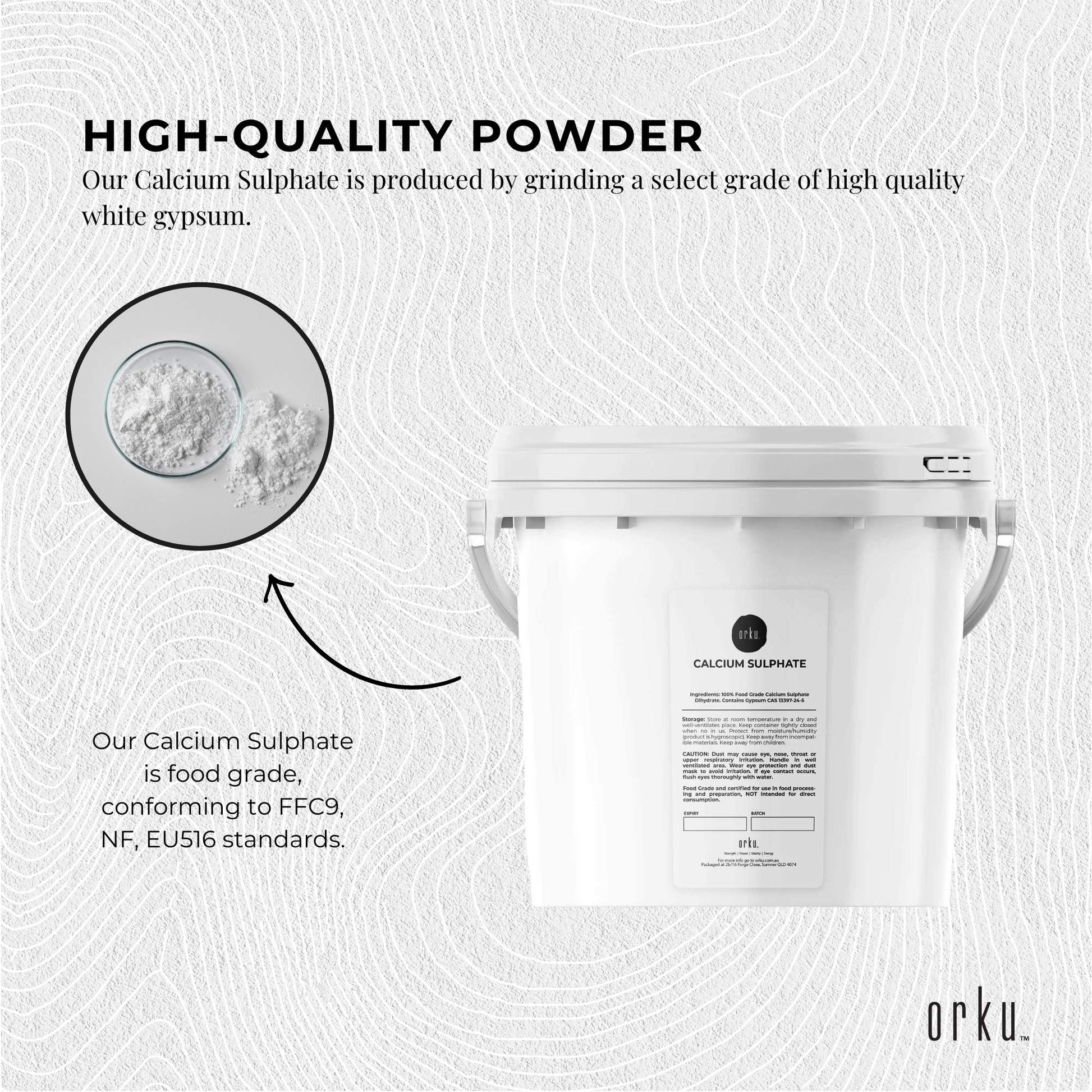Orku Fine Calcium Sulphate Gypsum Powder Bucket - Dihydrate Food Grade FCC E516