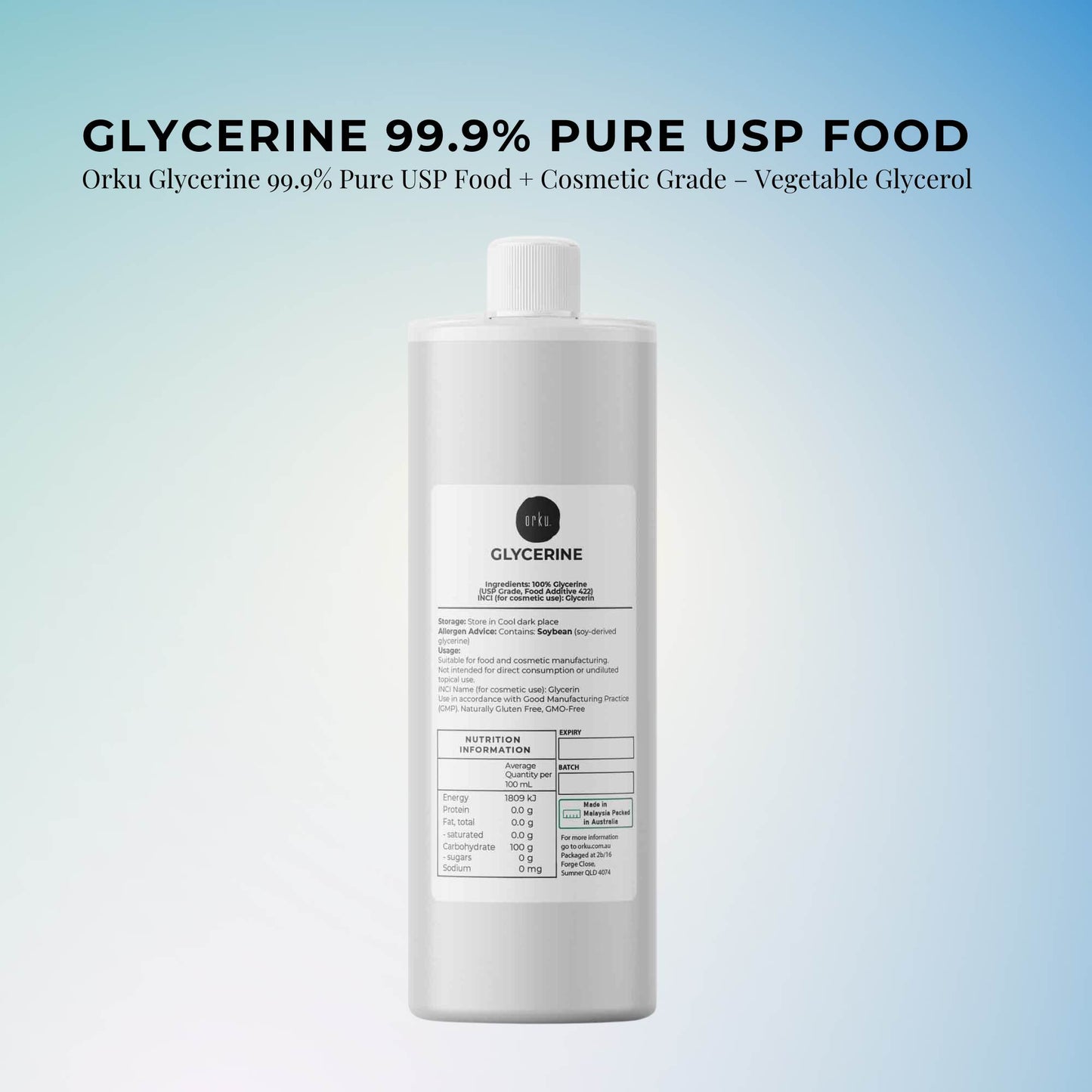 Orku Glycerine 99.9% Pure USP Food + Cosmetic Grade – Vegetable Glycerol
