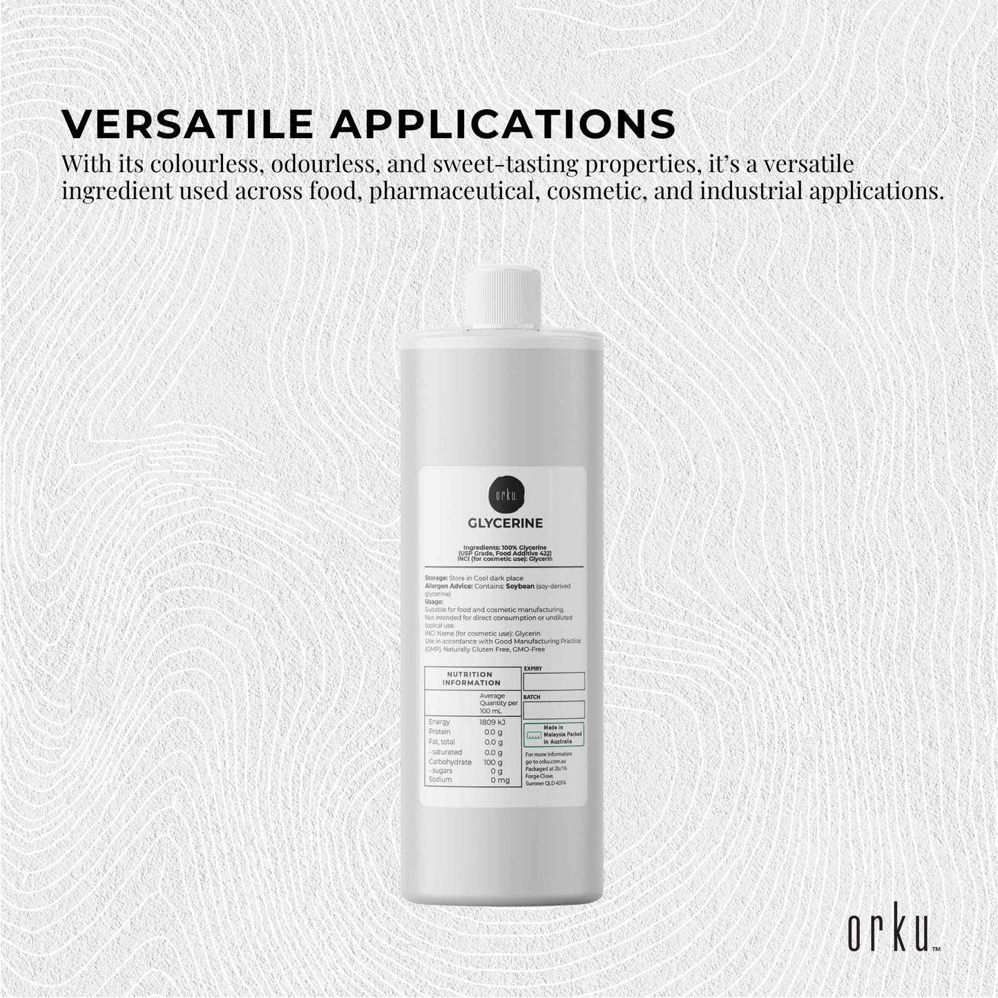 Orku Glycerine 99.9% Pure USP Food + Cosmetic Grade – Vegetable Glycerol