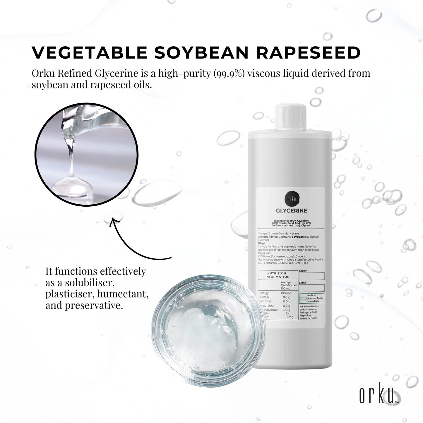 Orku Glycerine 99.9% Pure USP Food + Cosmetic Grade – Vegetable Glycerol