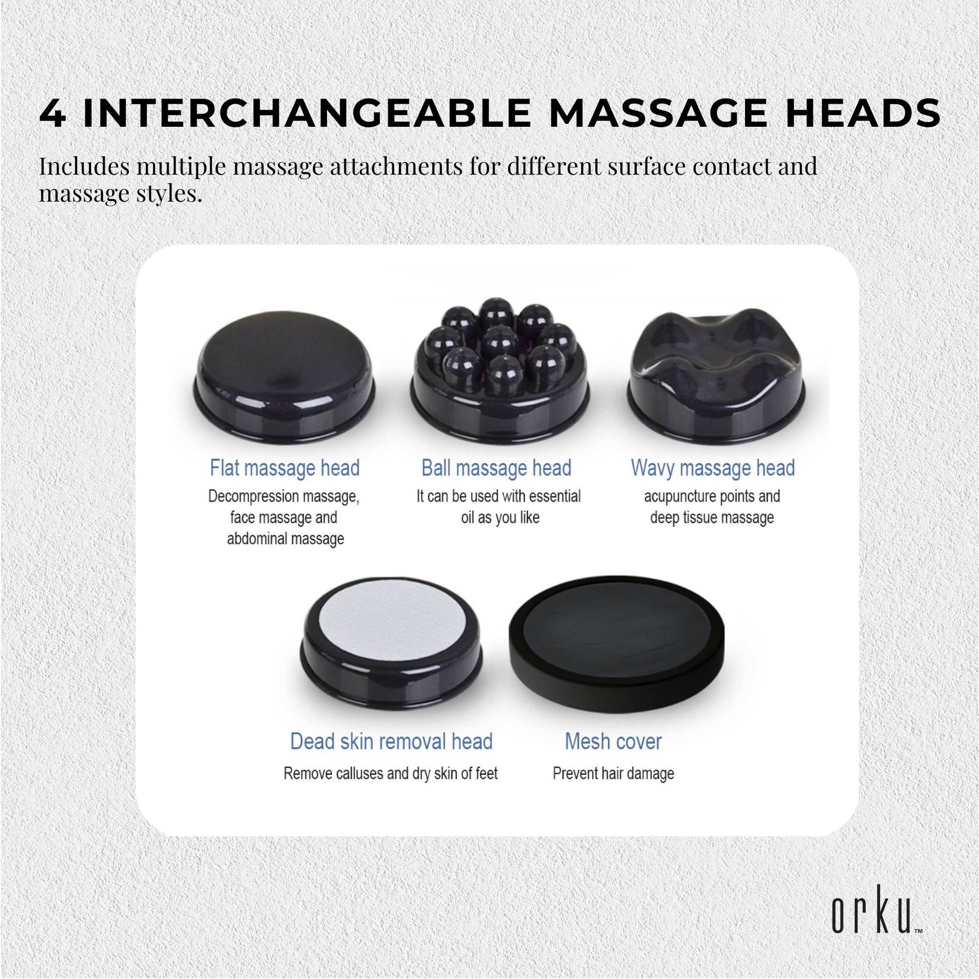 Orku Handheld Body Massager 4 Heads Adjustable Speed 28W Black