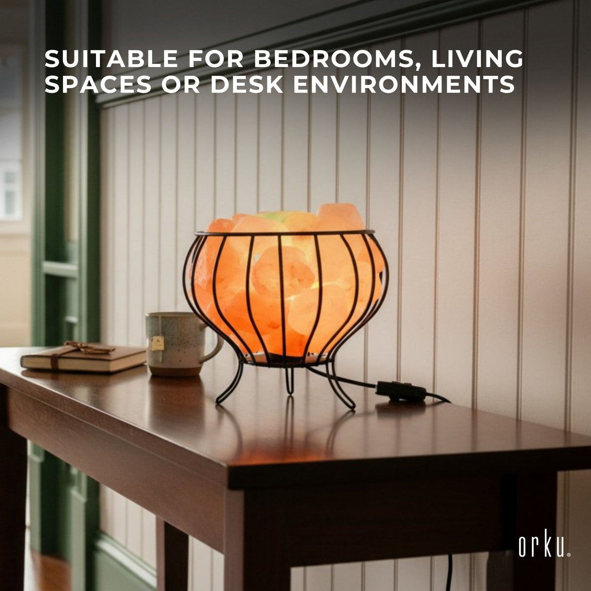 Orku Himalayan Pink Salt Lamp + Iron Bowl Basket - Hand Carved Night Light