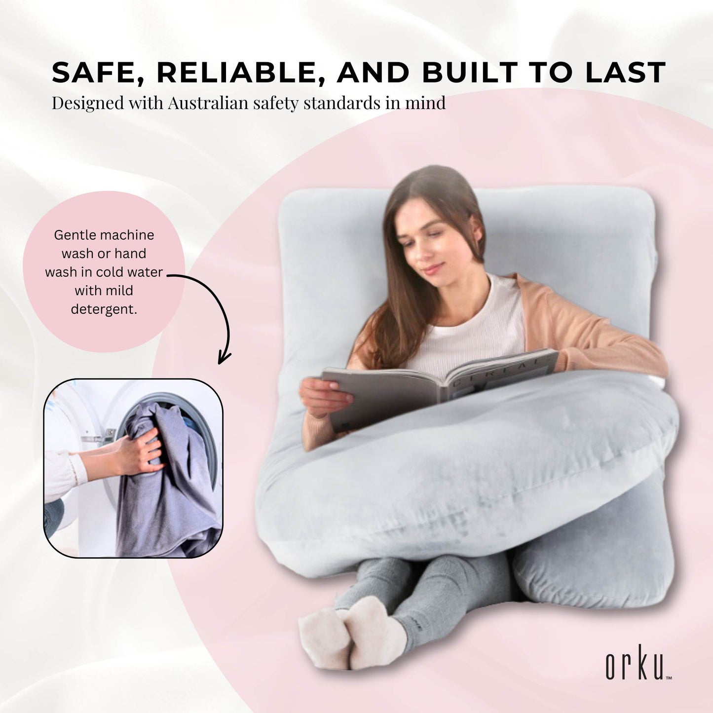 Orku Maternity Pregnancy Pillow - J-Shape Full Length for Side Sleepers Grey