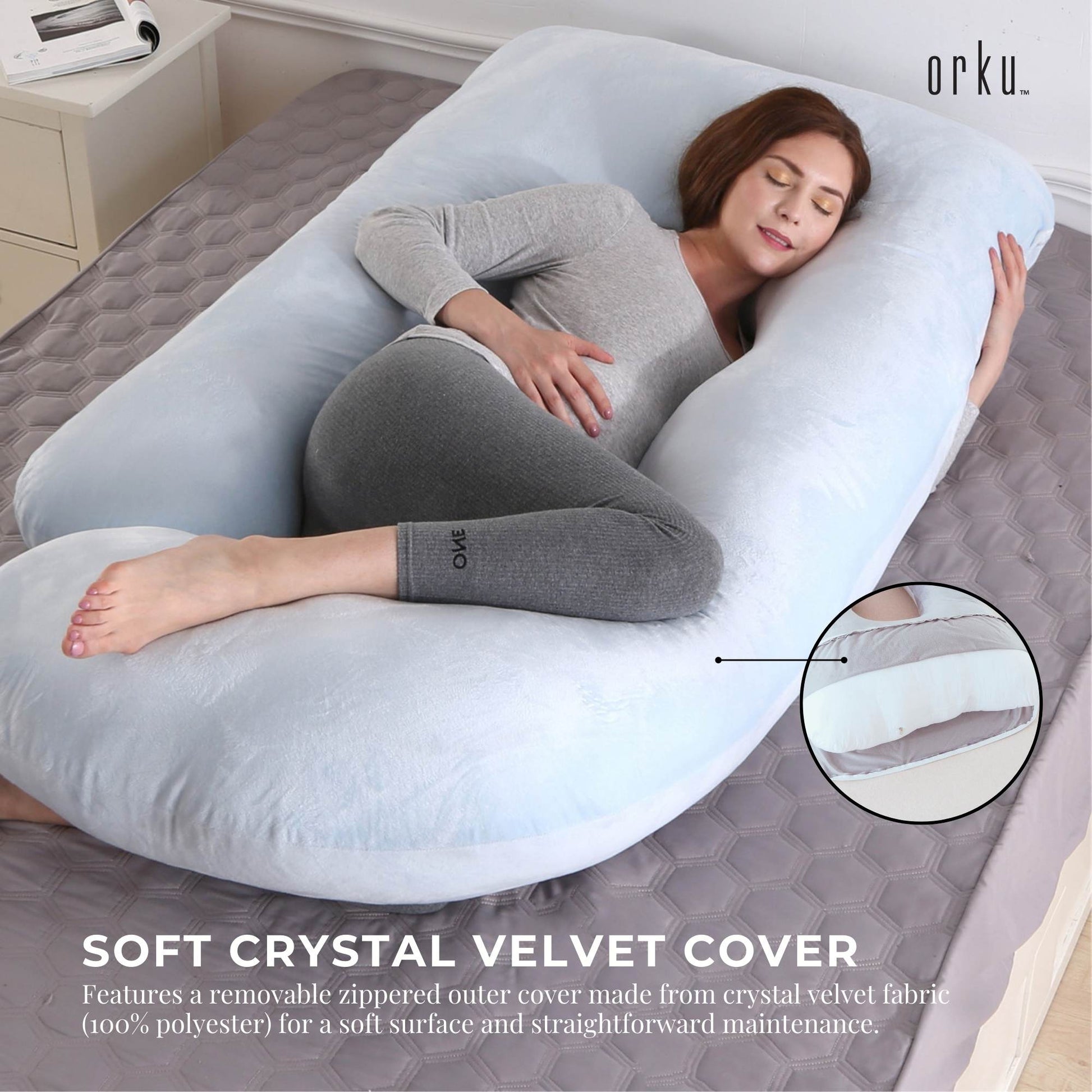Orku Maternity Pregnancy Pillow - J-Shape Full Length for Side Sleepers Grey
