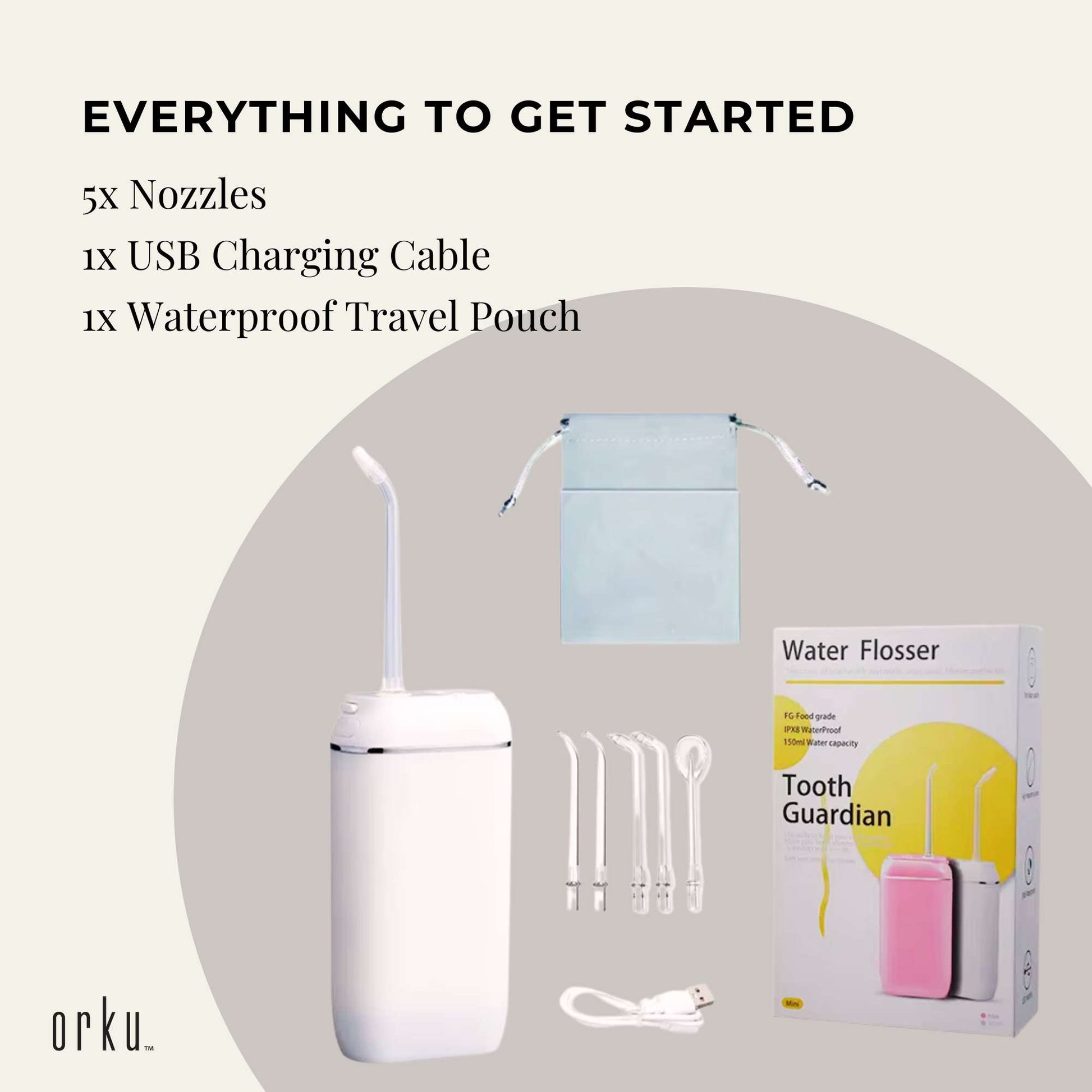 Orku Mini Cordless Water Flosser Oral Irrigator White - 5 Nozzles
