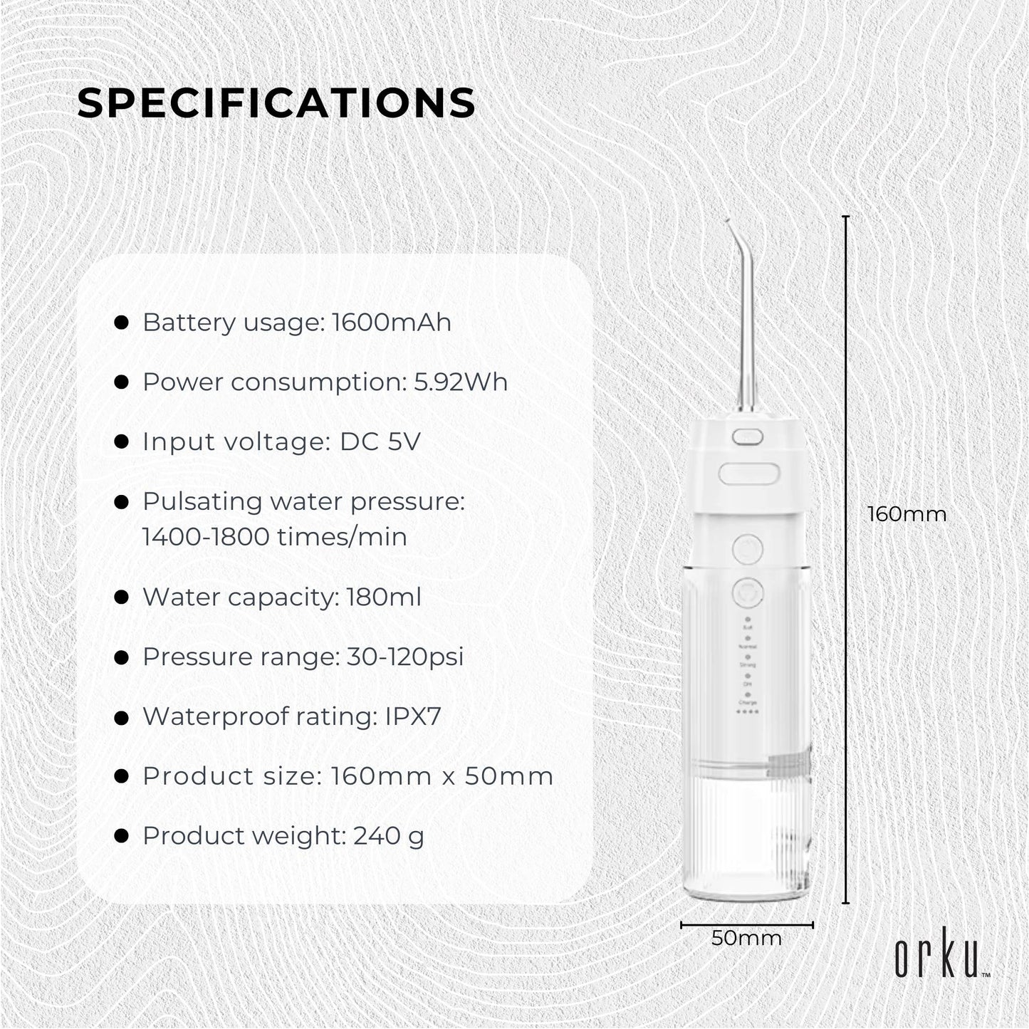 Orku Mini Water Flosser Rechargeable Portable Extendable Travel Oral Irrigator White