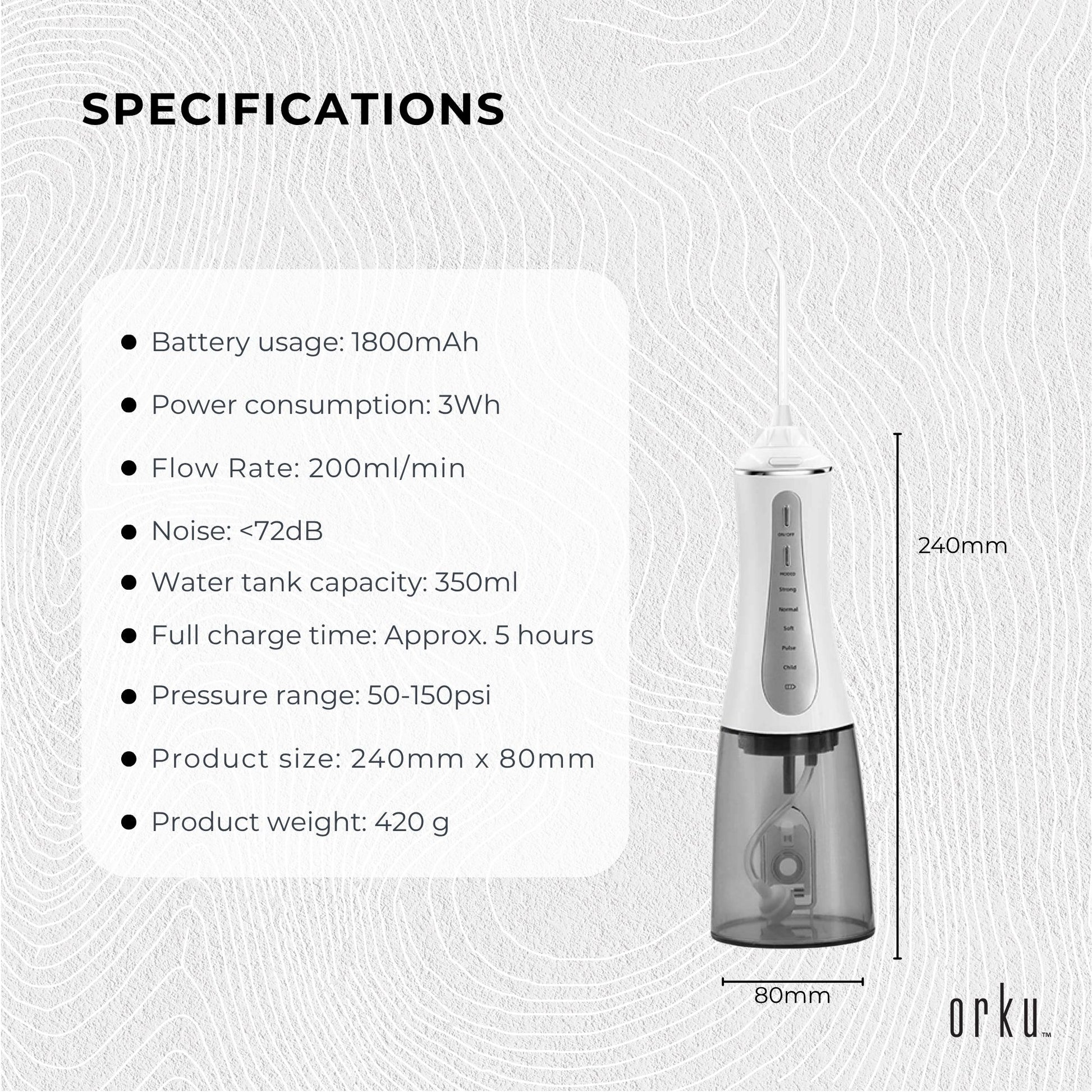 Orku Portable Oral Irrigator Flosser 350ml - Rechargeable Teeth Cleaner