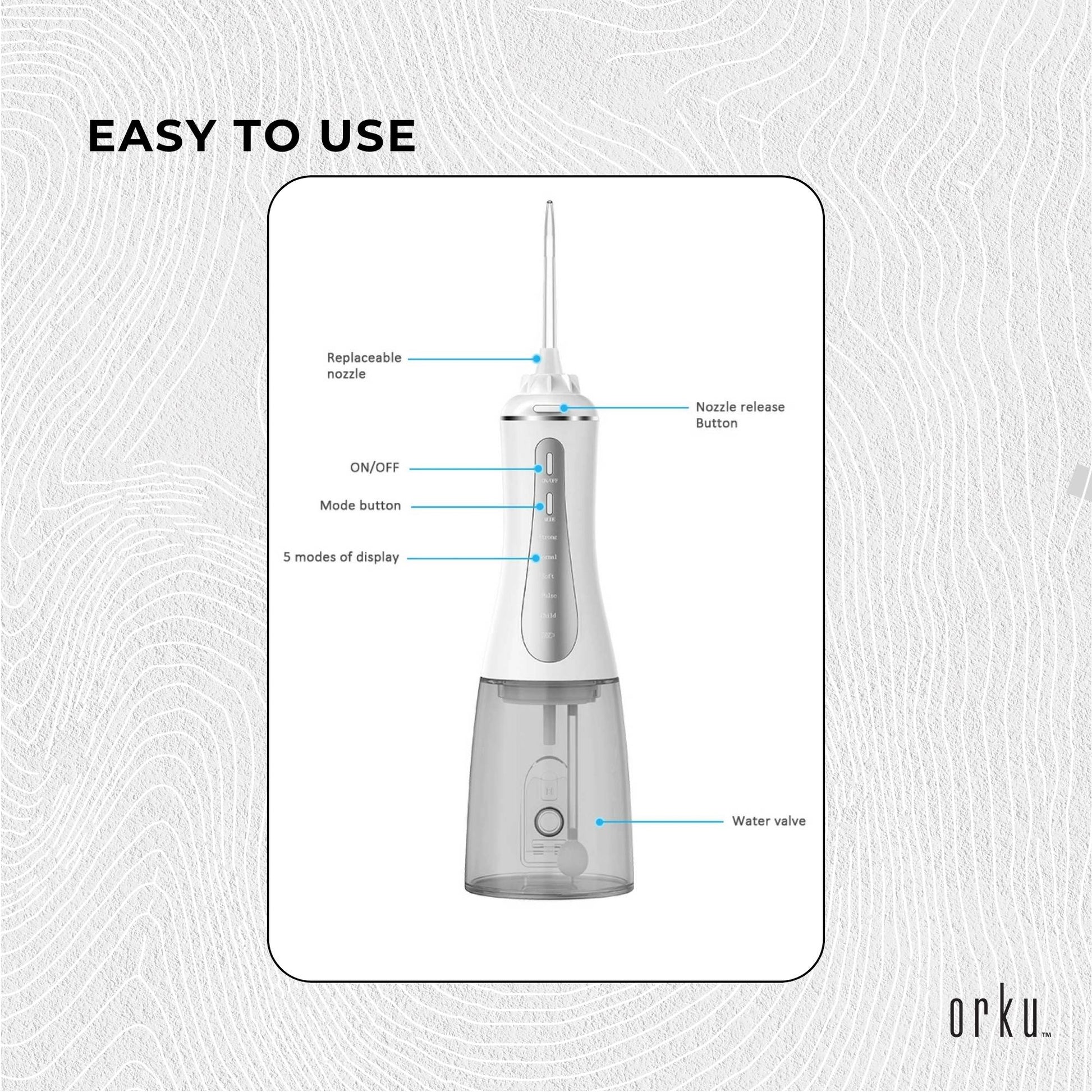 Orku Portable Oral Irrigator Flosser 350ml - Rechargeable Teeth Cleaner