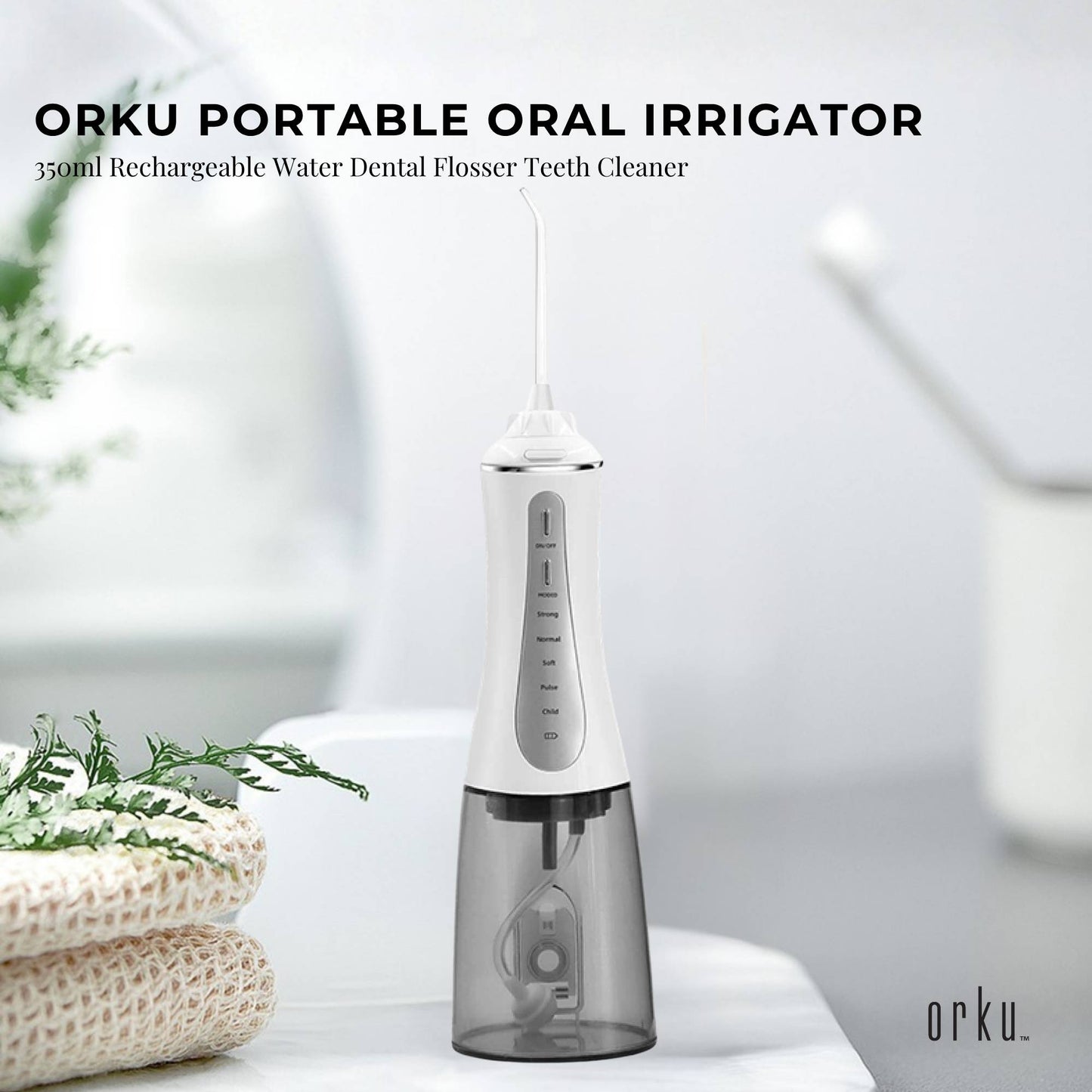 Orku Portable Oral Irrigator Flosser 350ml - Rechargeable Teeth Cleaner