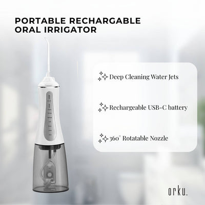 Orku Portable Oral Irrigator Flosser 350ml - Rechargeable Water Dental Teeth Cleaner