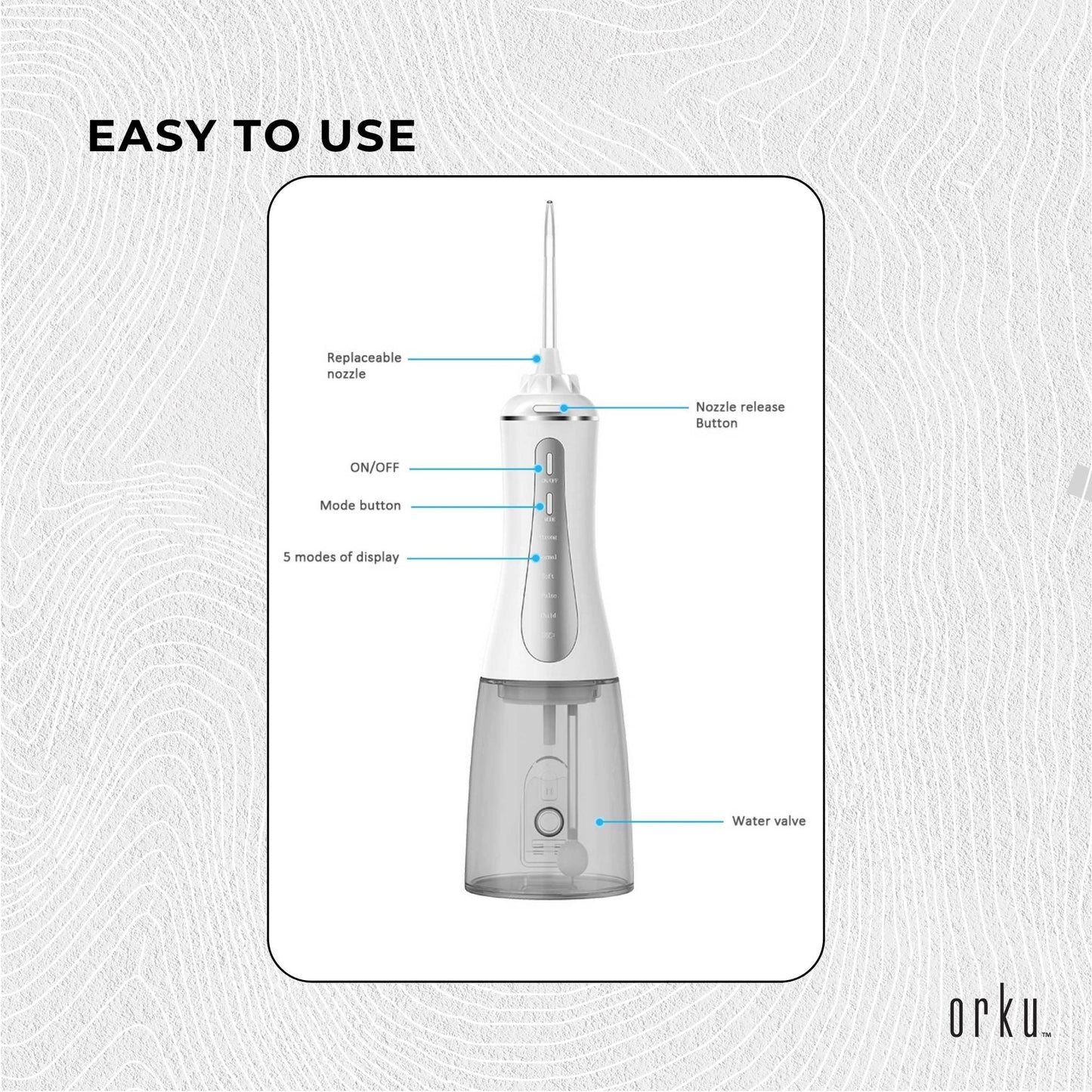 Orku Portable Oral Irrigator Flosser 350ml - Rechargeable Water Dental Teeth Cleaner