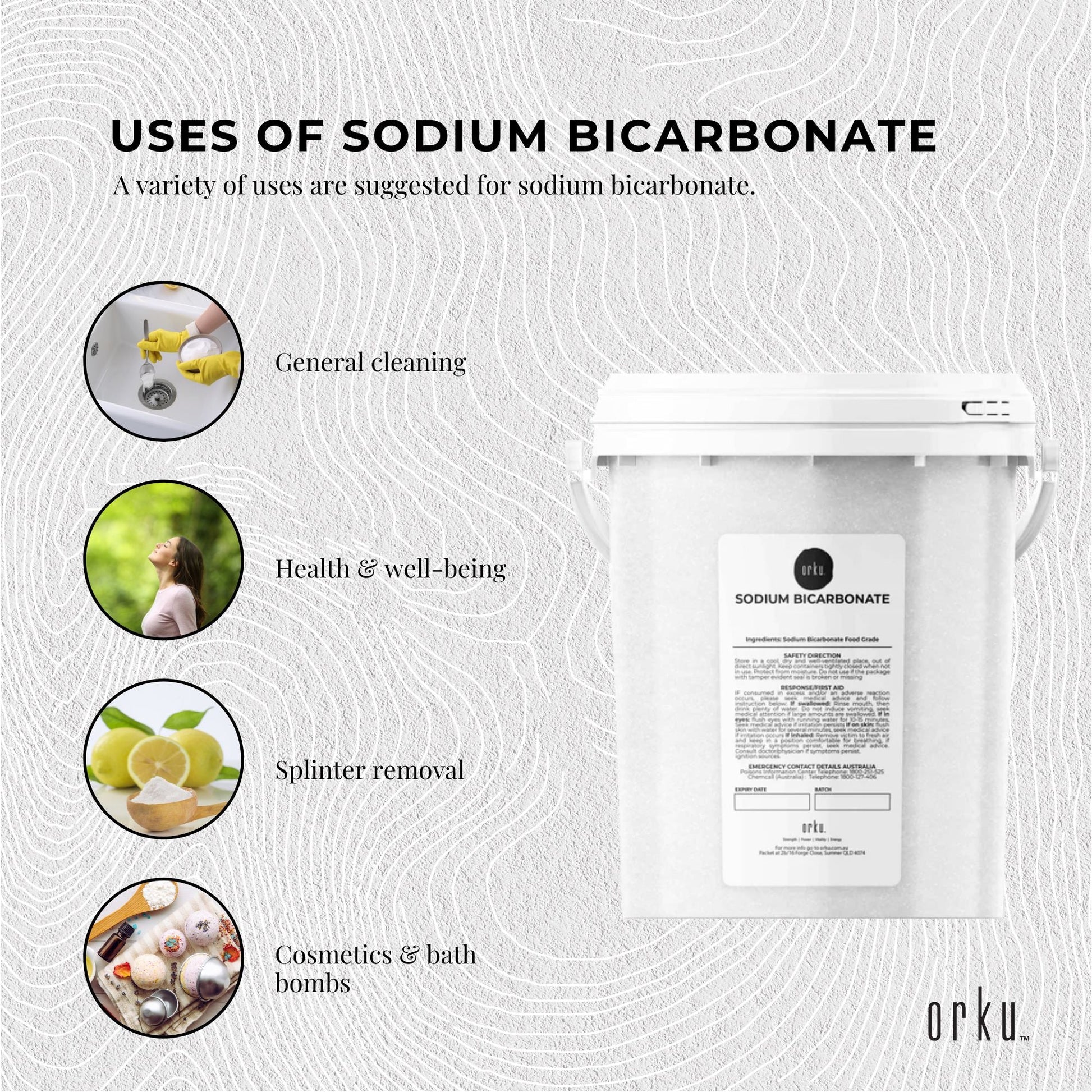 Orku 1.3Kg Sodium Bicarbonate Food Grade Tub Baking Soda Aluminium Free Powder
